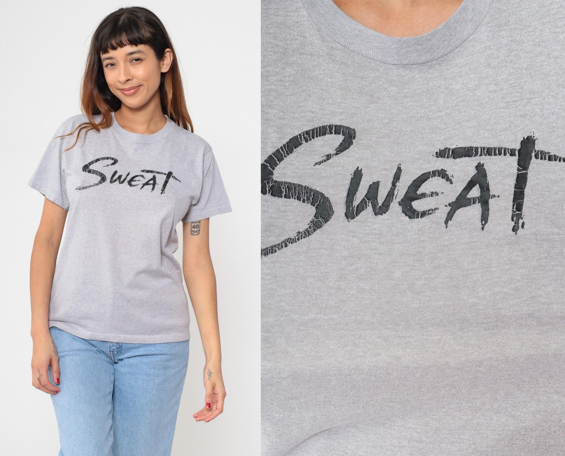 80s SWEAT Graphic T-Shirt Grey Crewneck Short Sleeve Medium