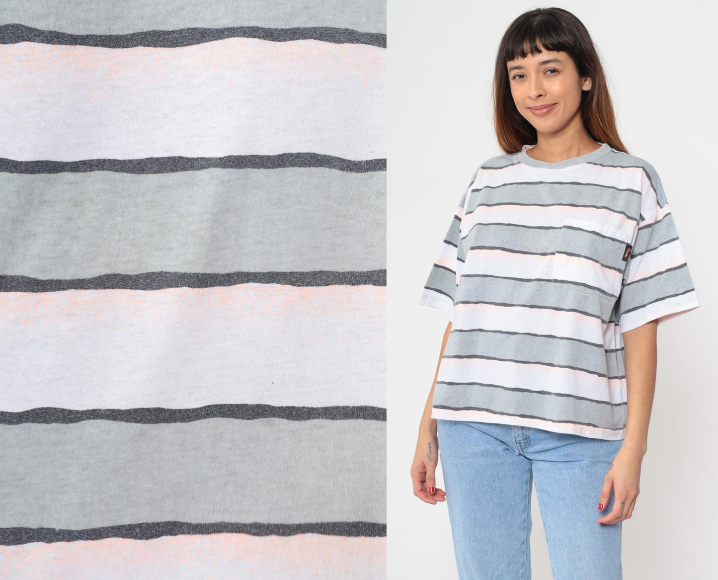 90s Striped T-Shirt Grey White Pink Charcoal Horizontal Crew Neck Medium