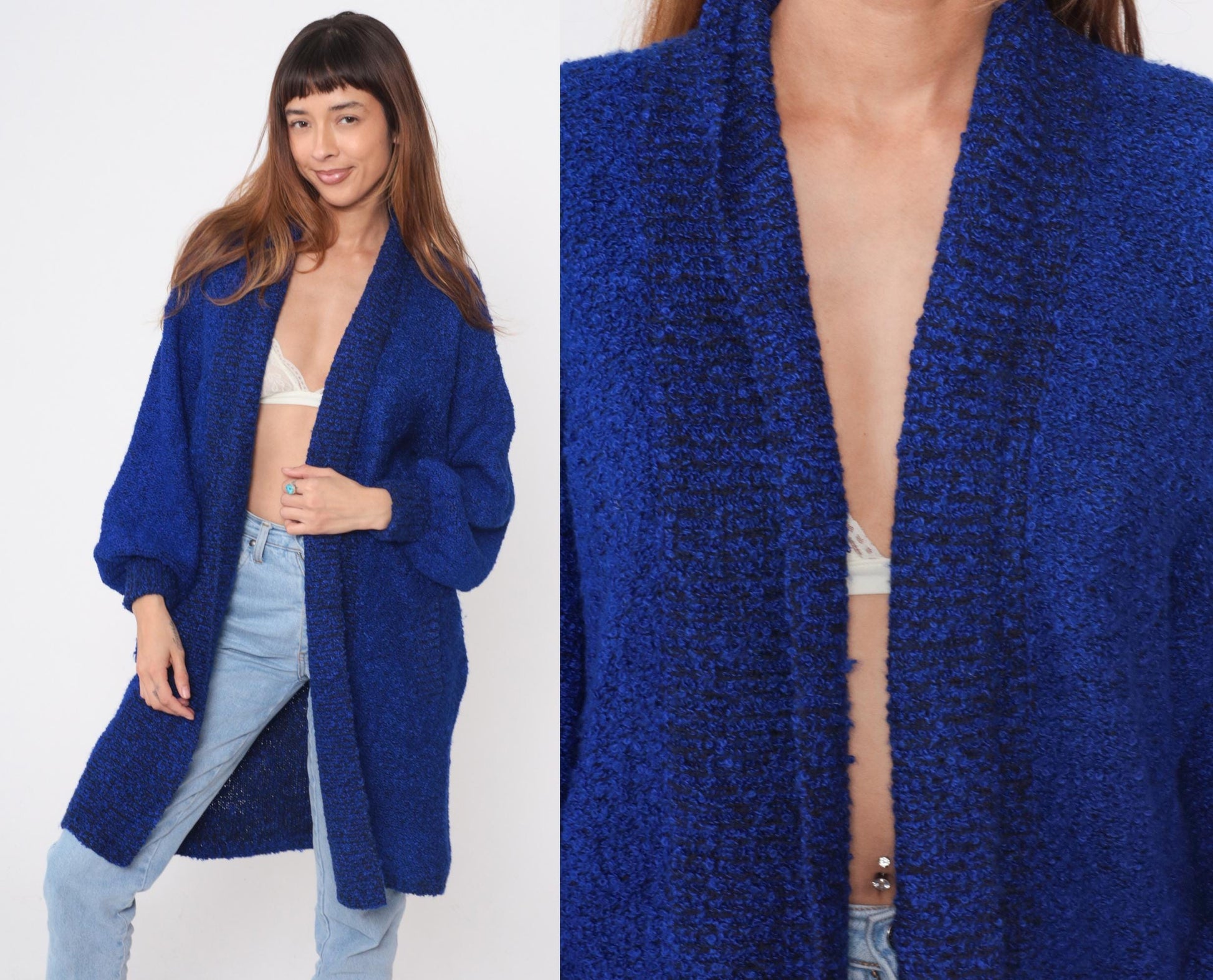 90s Sideffects Royal Blue Boucle Cardigan Duster Knee-Length Medium M