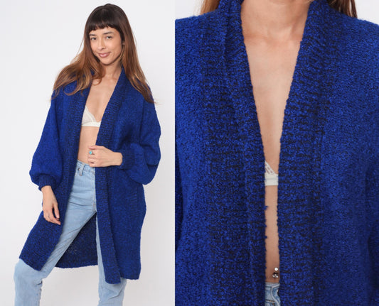 90s Sideffects Royal Blue Boucle Cardigan Duster Knee-Length Medium M