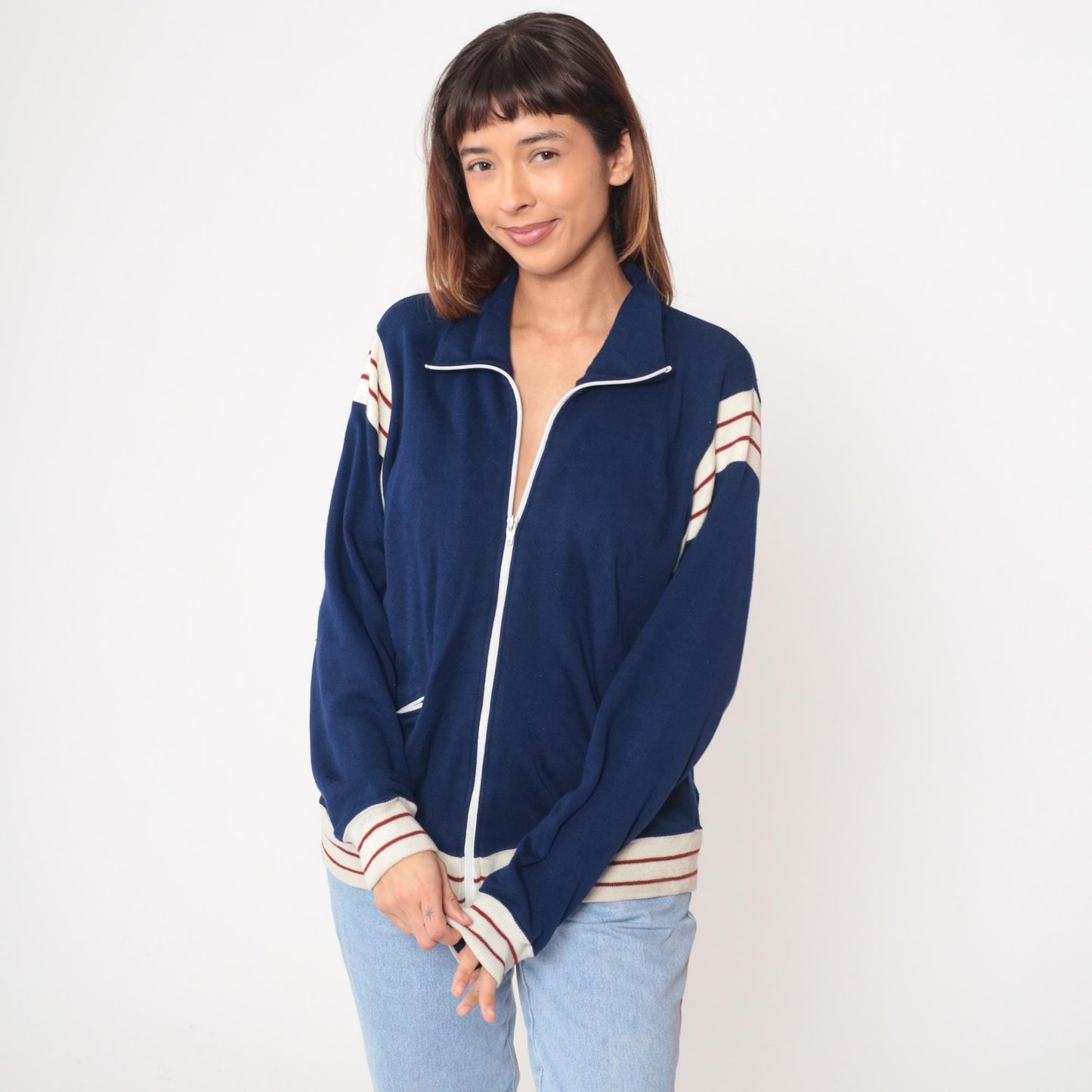 80s Winning Ways Track Jacket Navy Blue Striped Zip Windbreaker Medium