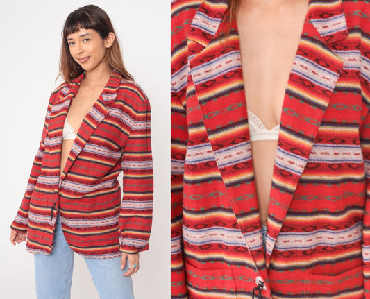 90s Leger Southwestern Blazer Red Striped Geometric Jacket Large L