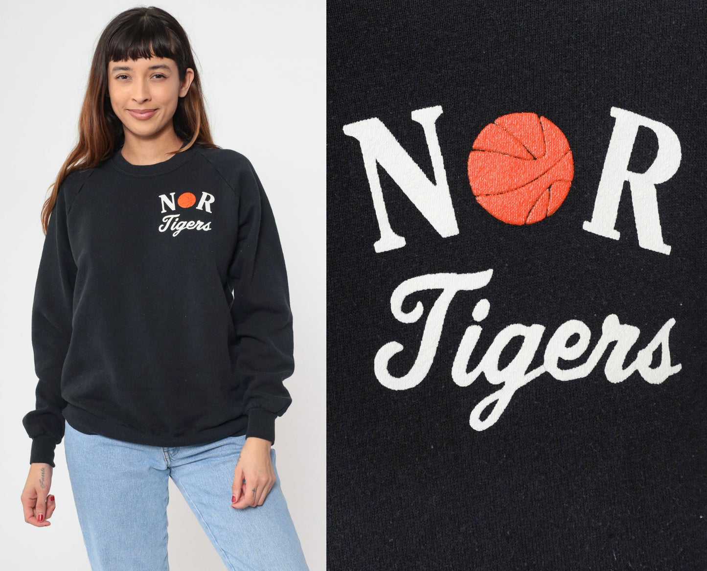 90s Jerzees NOR Tigers Basketball Sweatshirt Black Raglan Extra Large XL