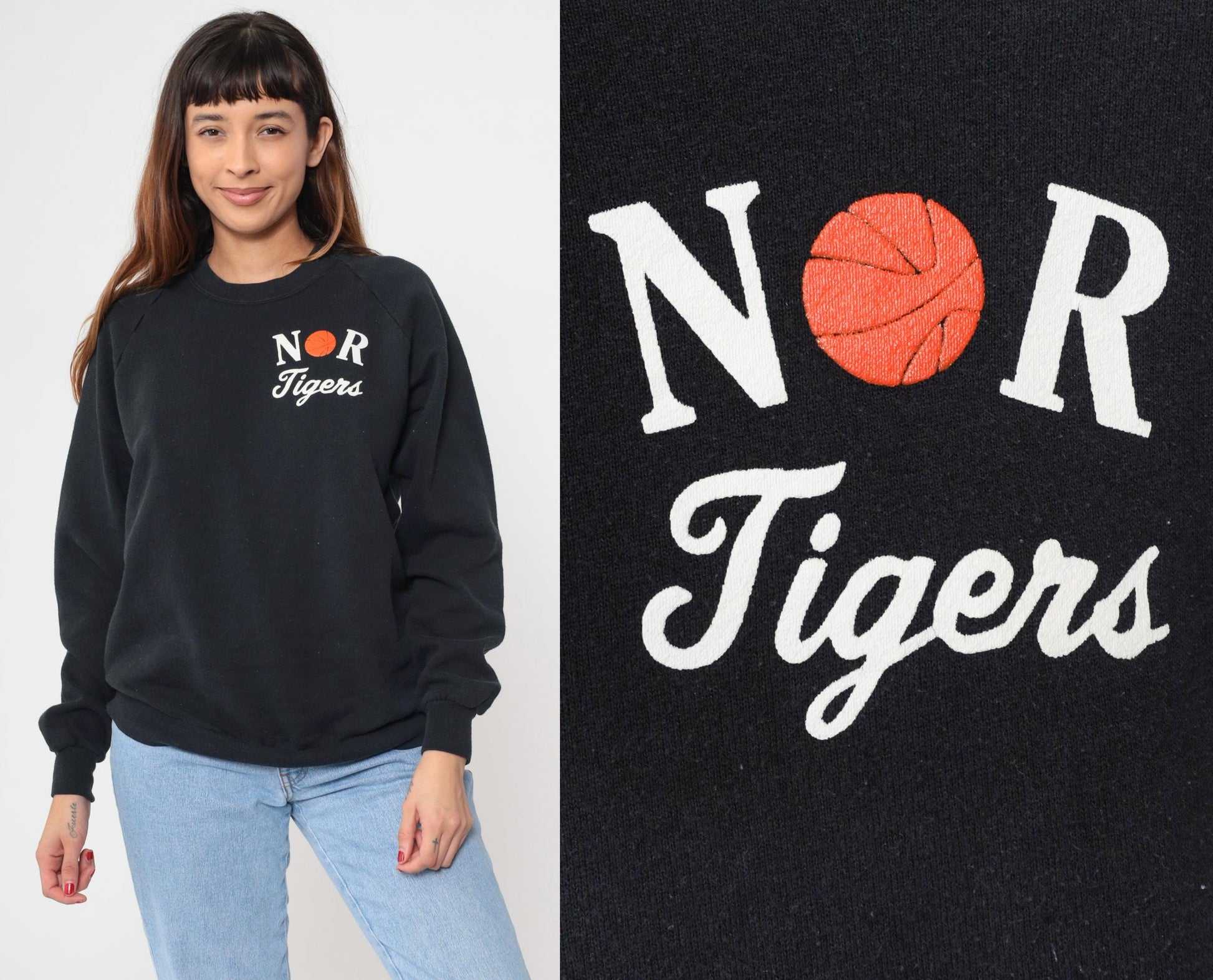 90s Jerzees NOR Tigers Basketball Sweatshirt Black Raglan Extra Large XL