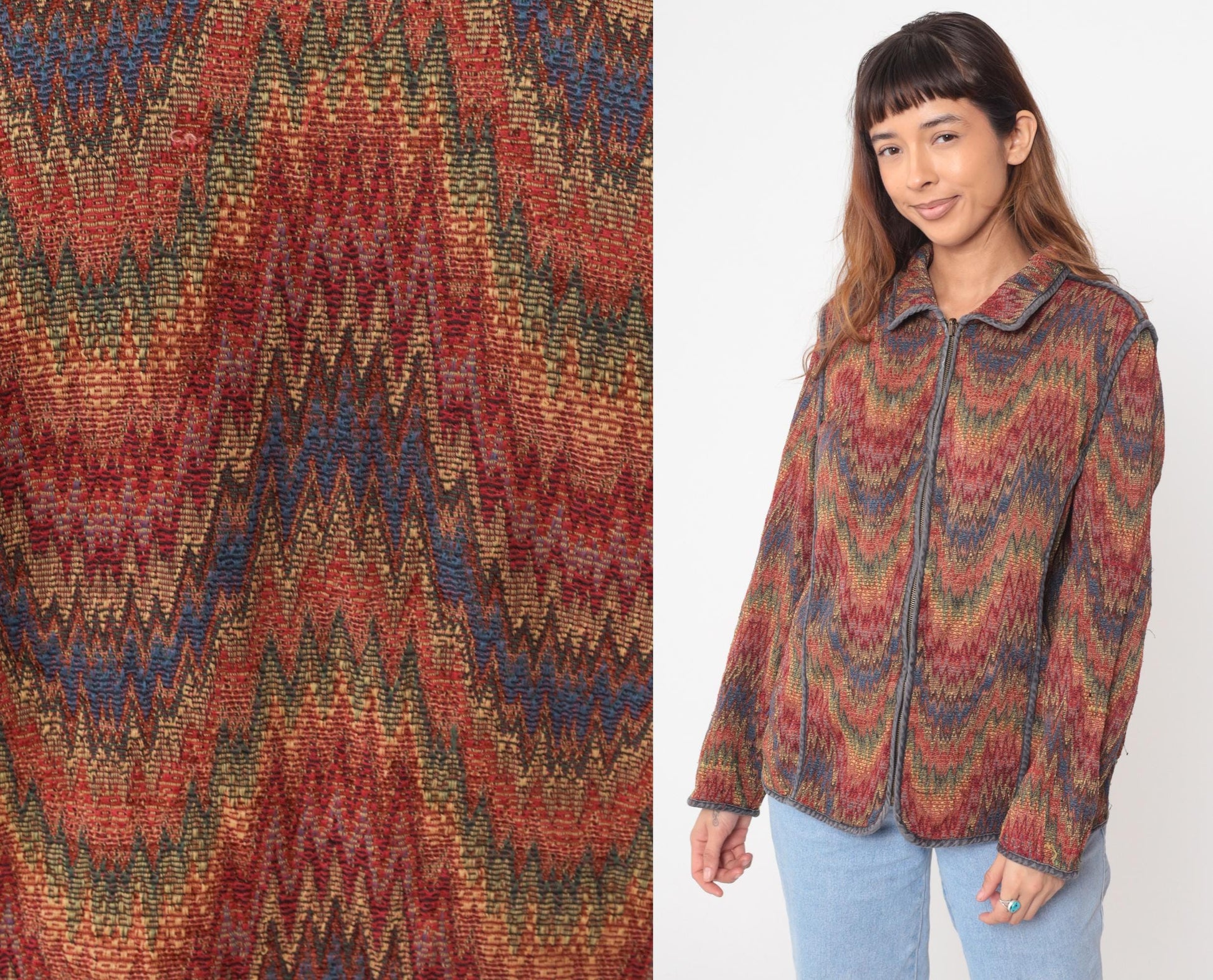 Y2K Chevron Zip Cardigan Multicolor Zigzag Knit Jacket Medium M