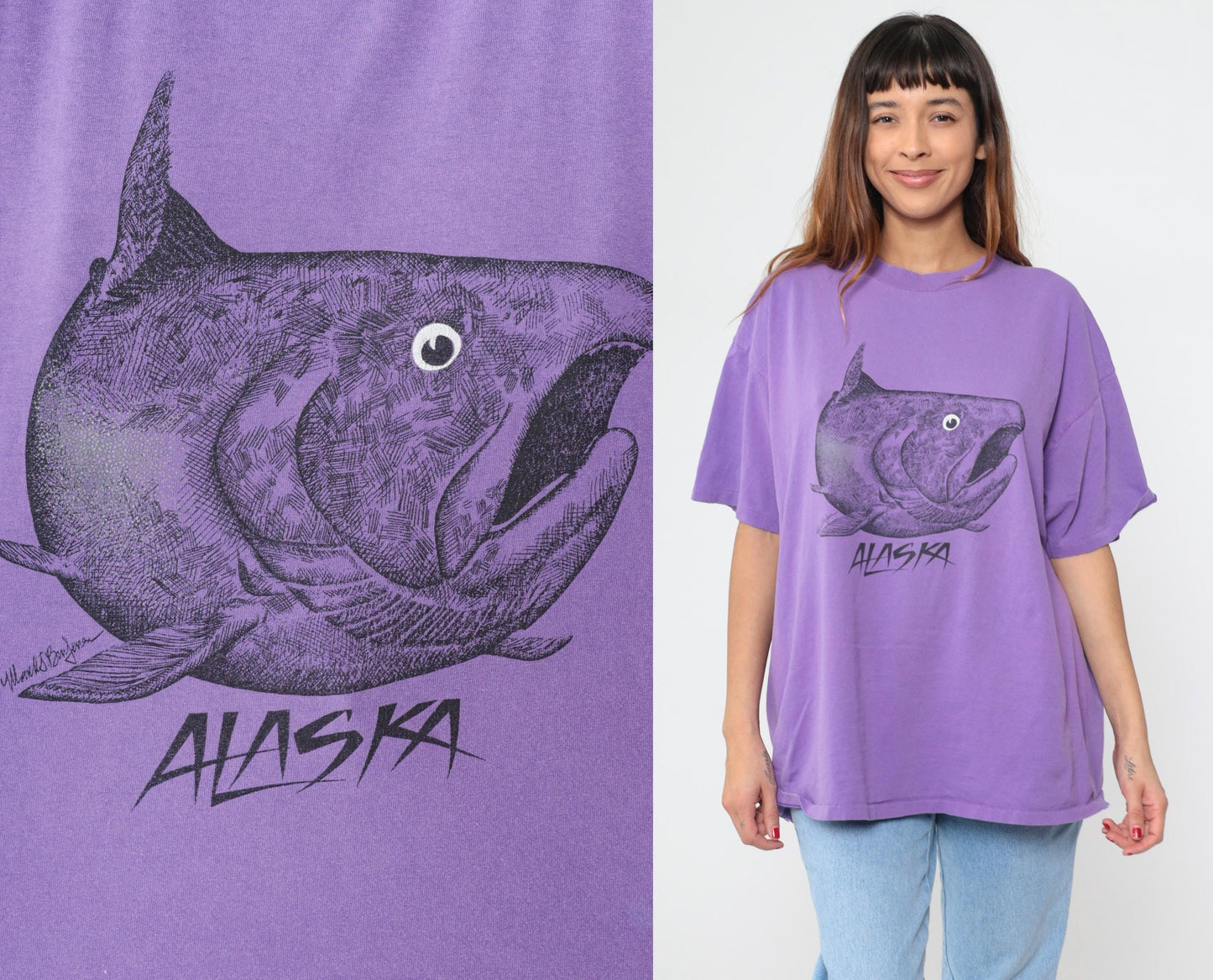 90s Oneita Purple Alaska Fish Graphic Tee Cotton Plus Size XXL
