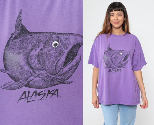 90s Oneita Purple Alaska Fish Graphic Tee Cotton Plus Size XXL