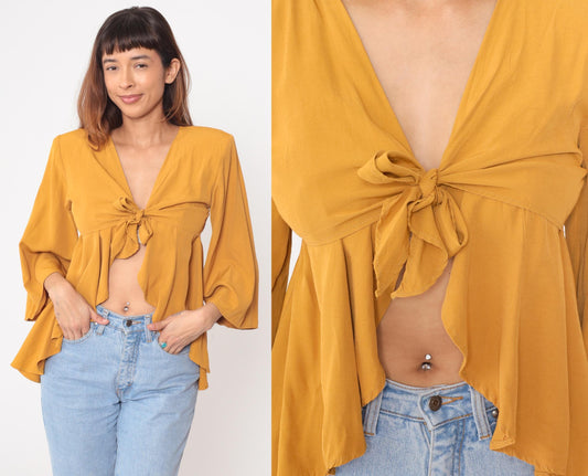 90s Rondo Mustard Yellow Crop Top Deep V Tie Front Peplum Medium M