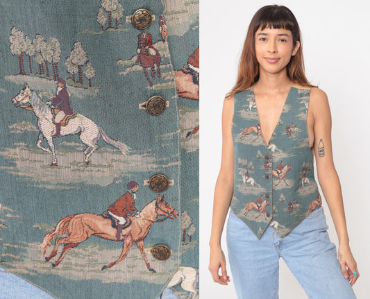 90s Nadia Equestrian Hunt Scene Cotton Vest Green Extra Large XL