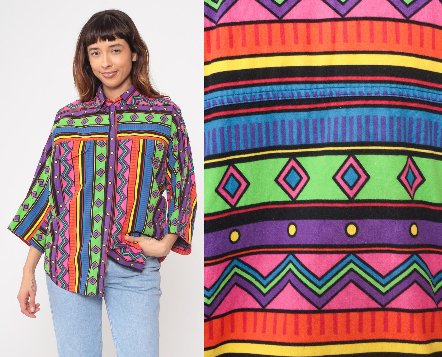 90s Westbound Geometric Button-Front Shirt Multicolor Neon Small S