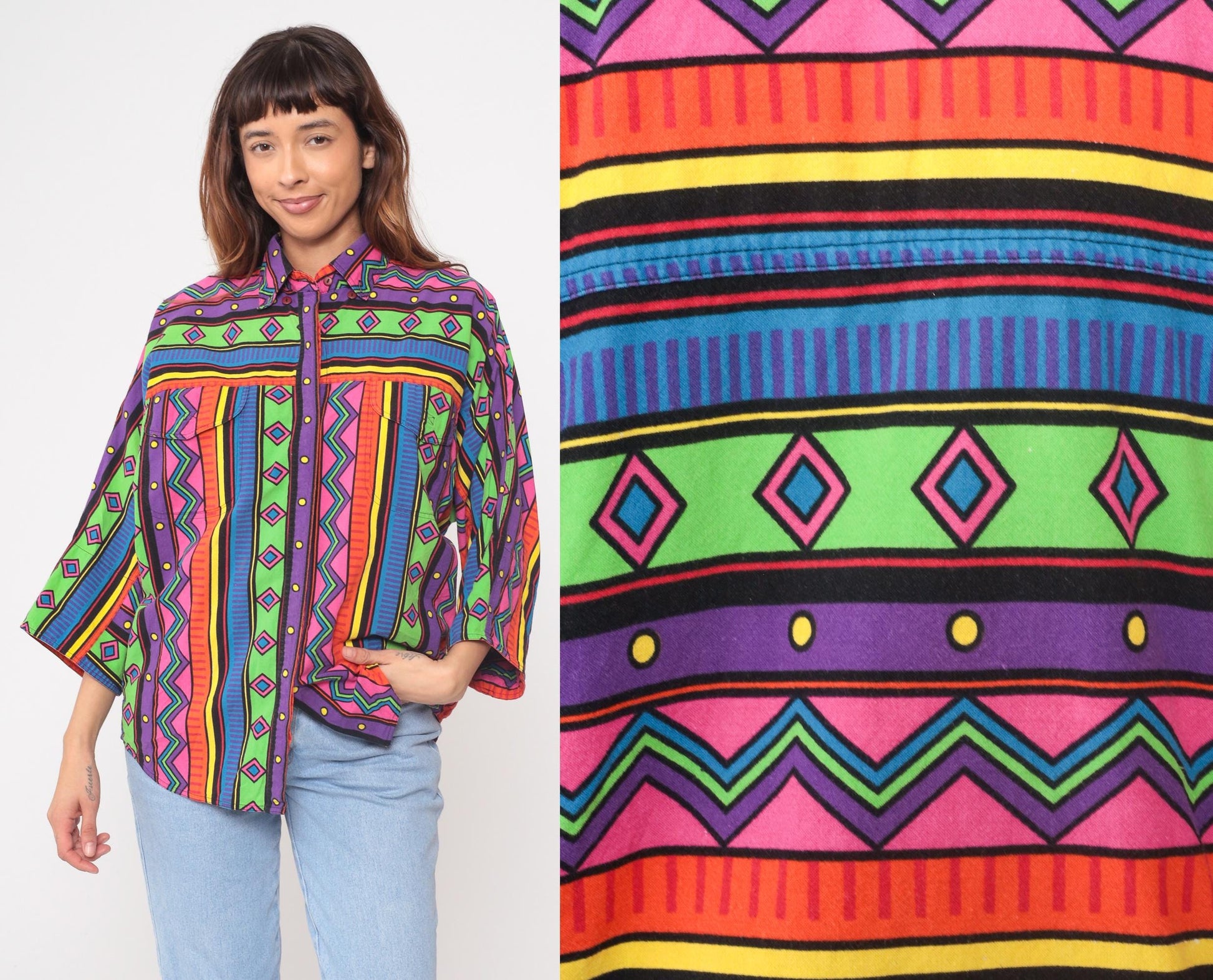90s Westbound Geometric Button-Front Shirt Multicolor Neon Small S