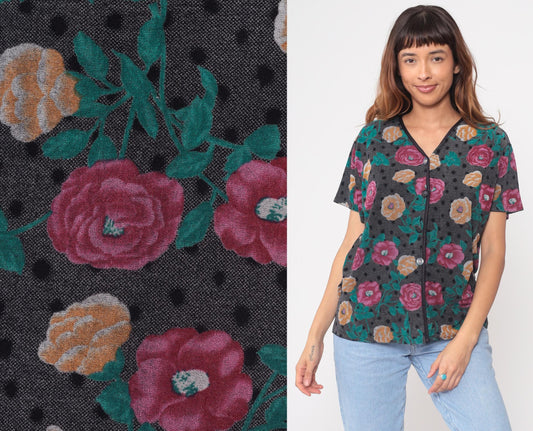 90s Floral Button-Up Blouse Velour Grey Pink Orange Roses Medium
