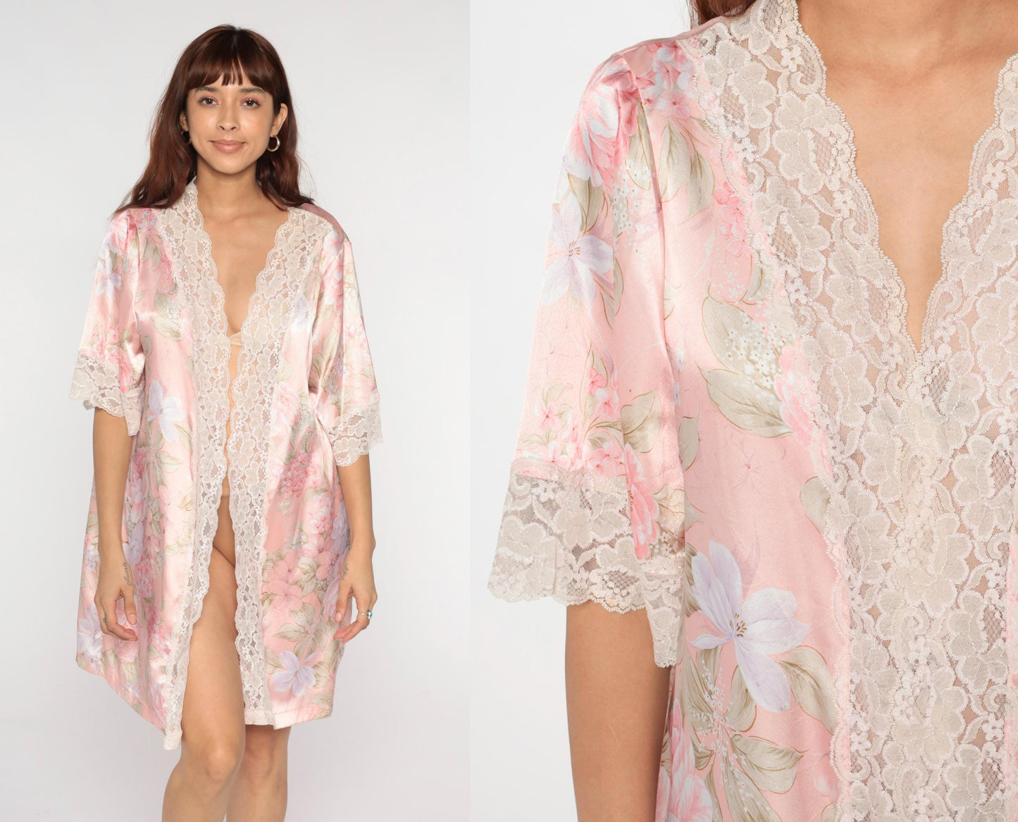 90s Pink Floral Kimono Robe Wendy Ann Lace Trim Knee Length Medium