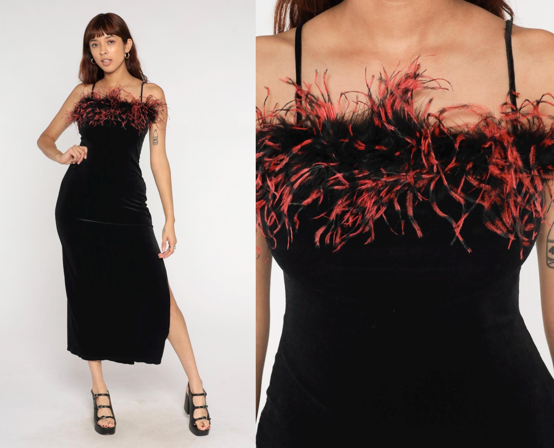 90s Black Velvet Maxi Dress Feather Trim Bodycon Slit Medium M