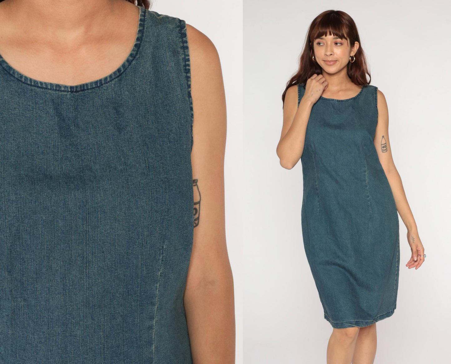 Y2K Chadwicks Denim Shift Dress Blue Scoop Neck Knee Length Large