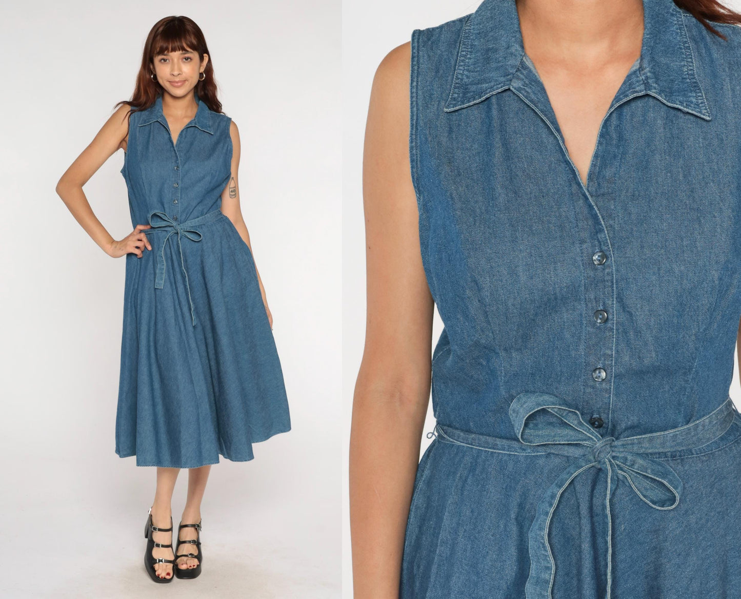 Y2K Denim Midi Dress Blue Chambray Sleeveless Collared Tie Waist Large L