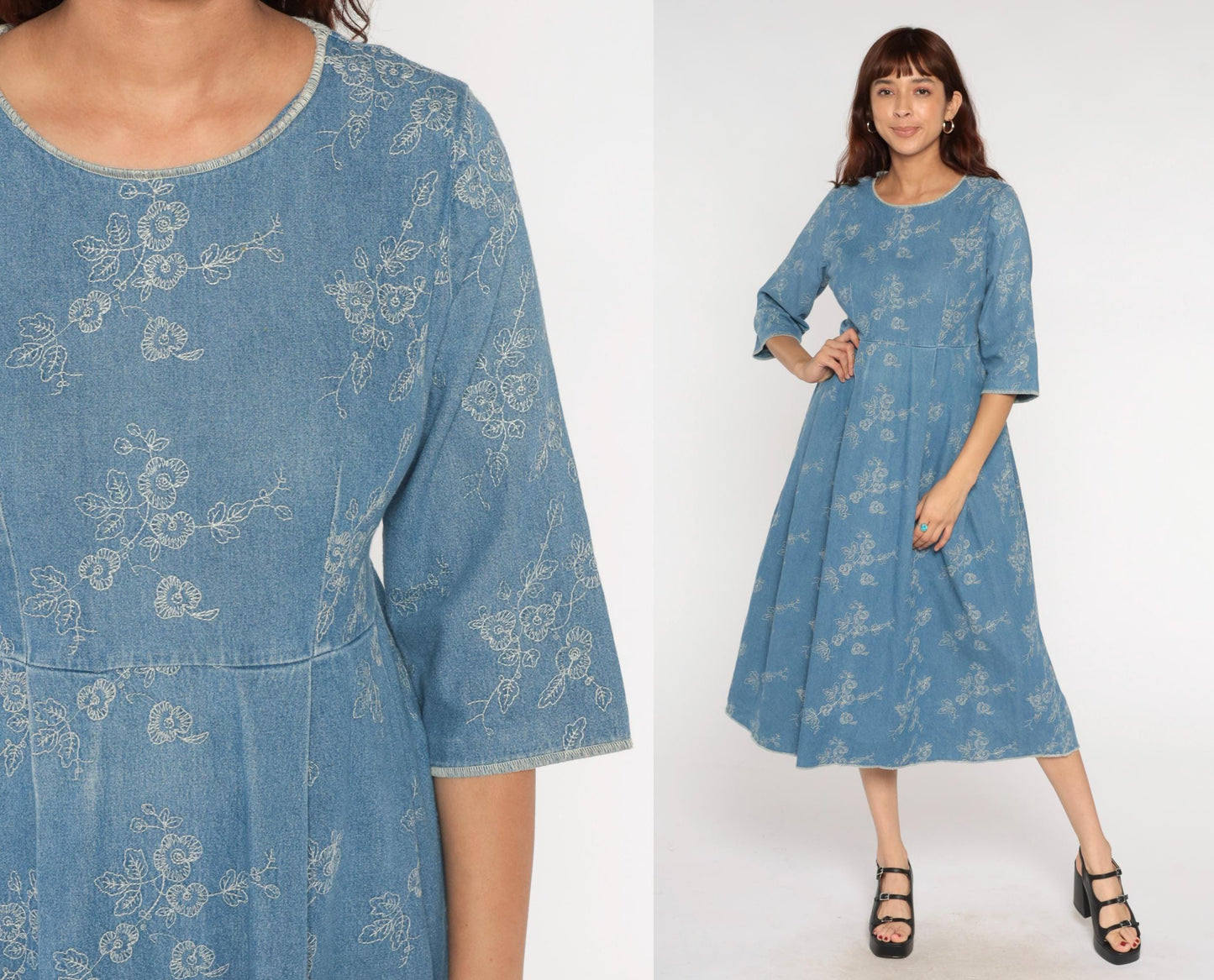 Y2K Blue Embroidered Denim Dress Floral Empire Waist A-Line Medium M