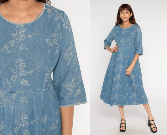 Y2K Blue Embroidered Denim Dress Floral Empire Waist A-Line Medium M