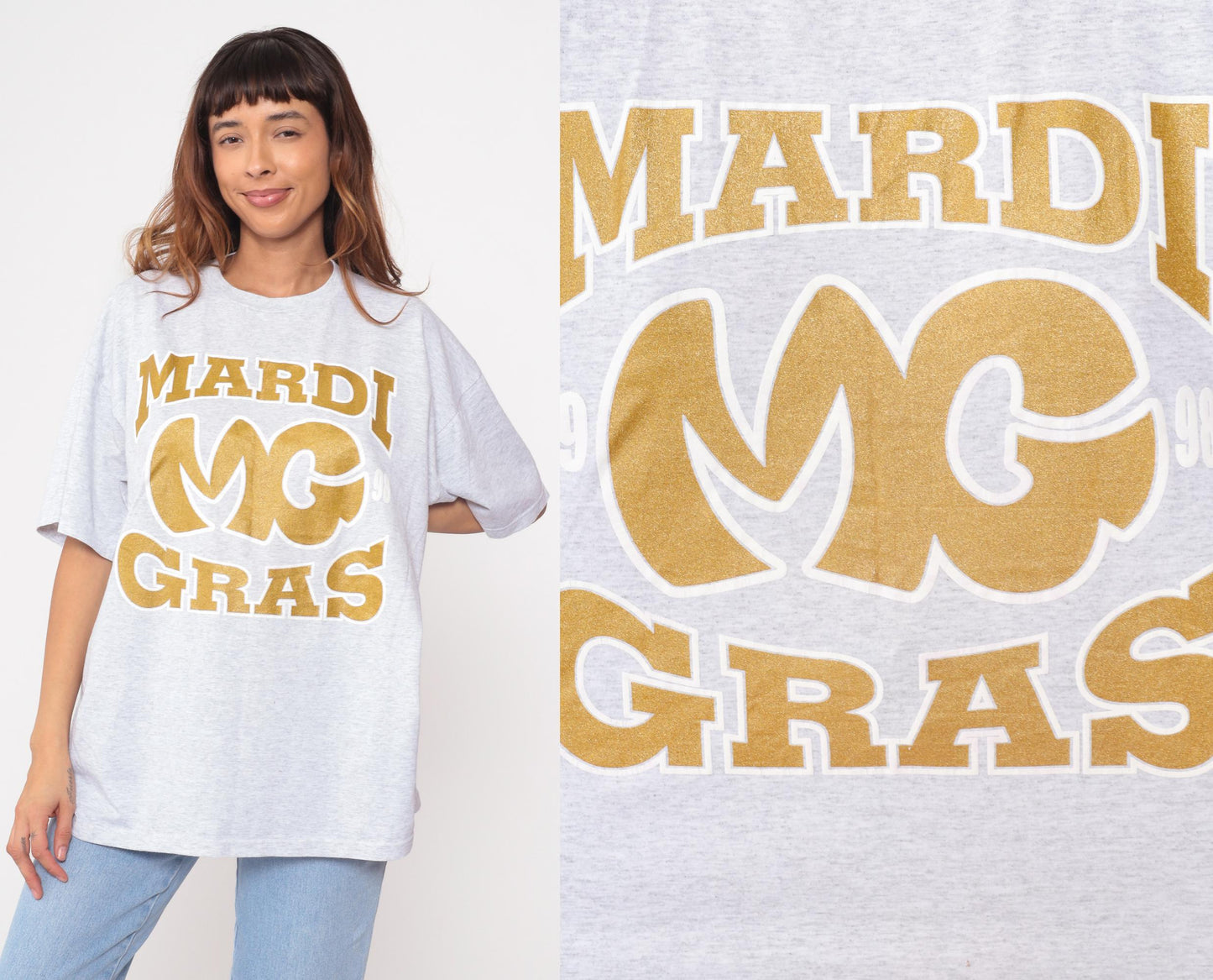 90s Mardi Gras 98 Graphic T-Shirt Grey Cotton Jerzees Extra Large XL