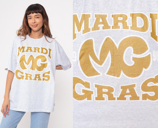 90s Mardi Gras 98 Graphic T-Shirt Grey Cotton Jerzees Extra Large XL