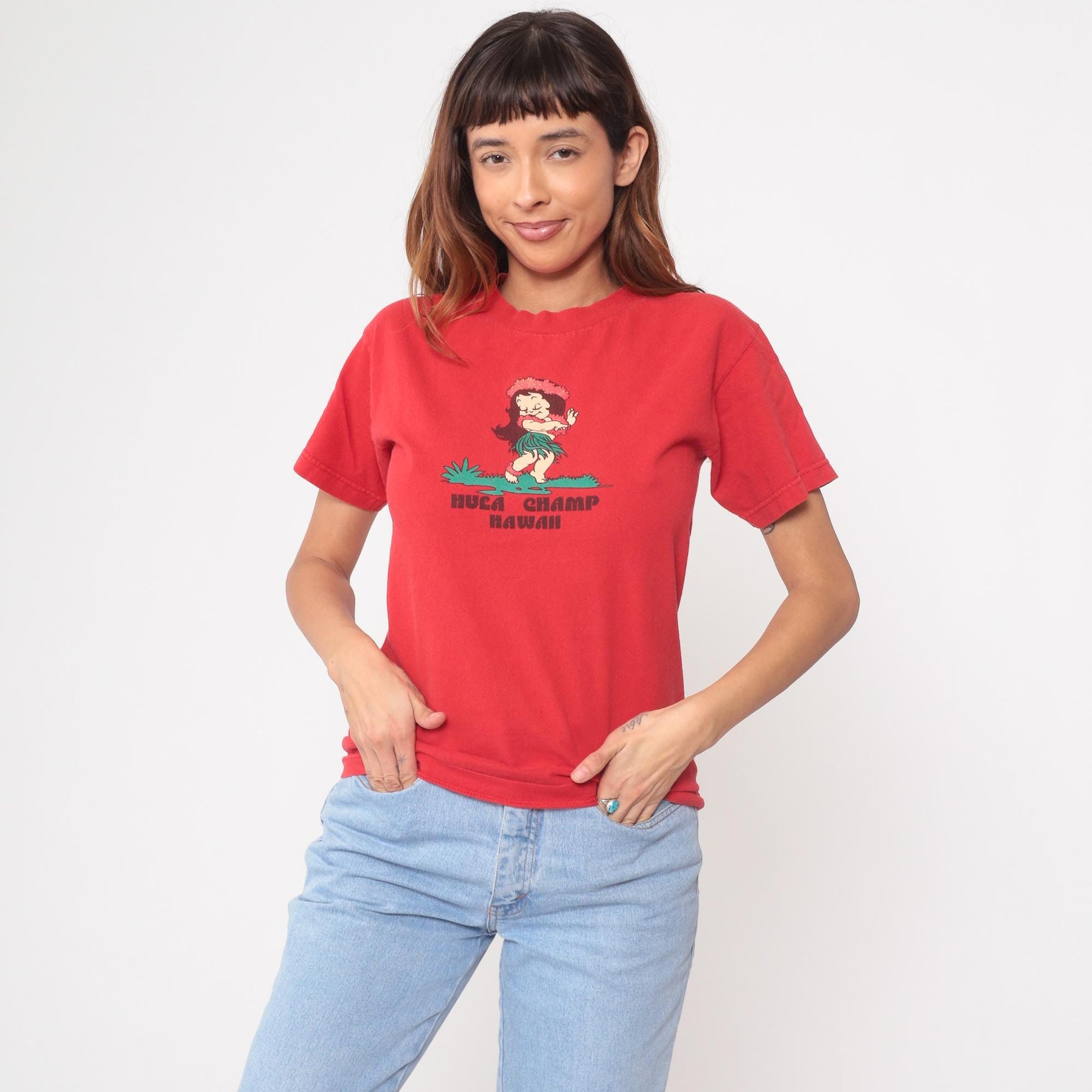 Y2K Hula Champ Hawaii Red Graphic T-Shirt Cotton Crew Neck Small S