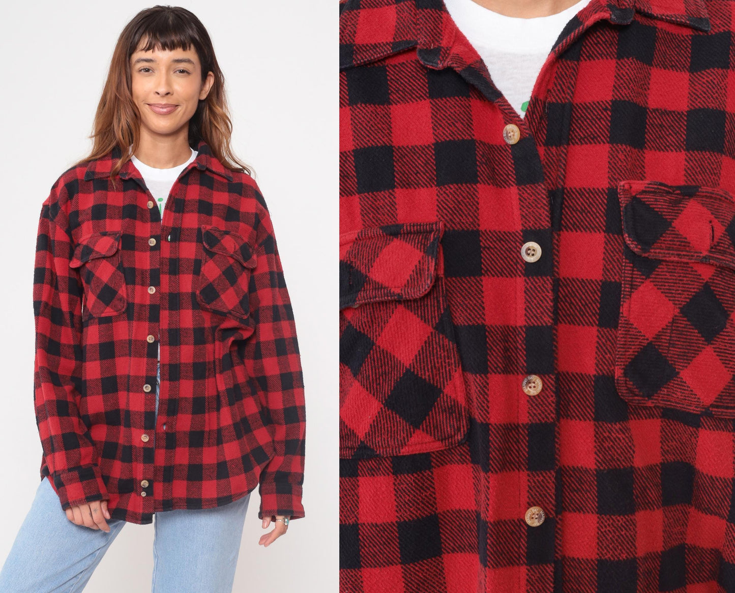 Y2K Marino Bay Red Buffalo Plaid Flannel Shirt Cotton Large L