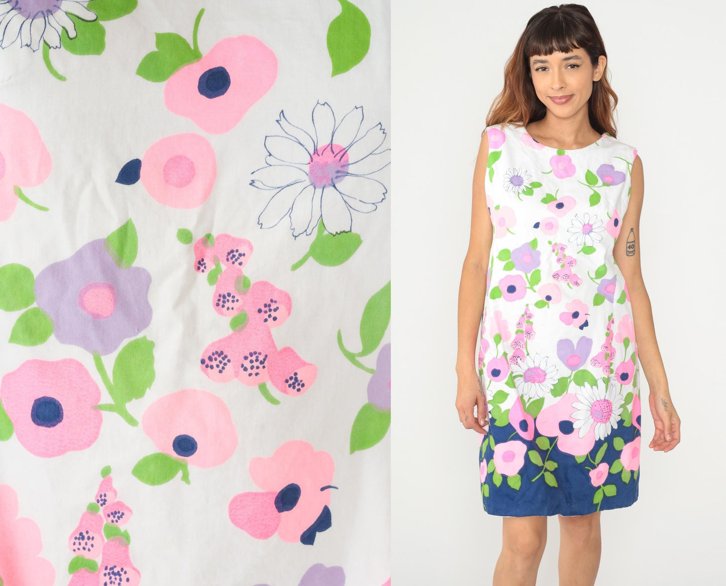 60s Floral Shift Dress Navy Daisy Pink Purple White Cotton Sleeveless Medium