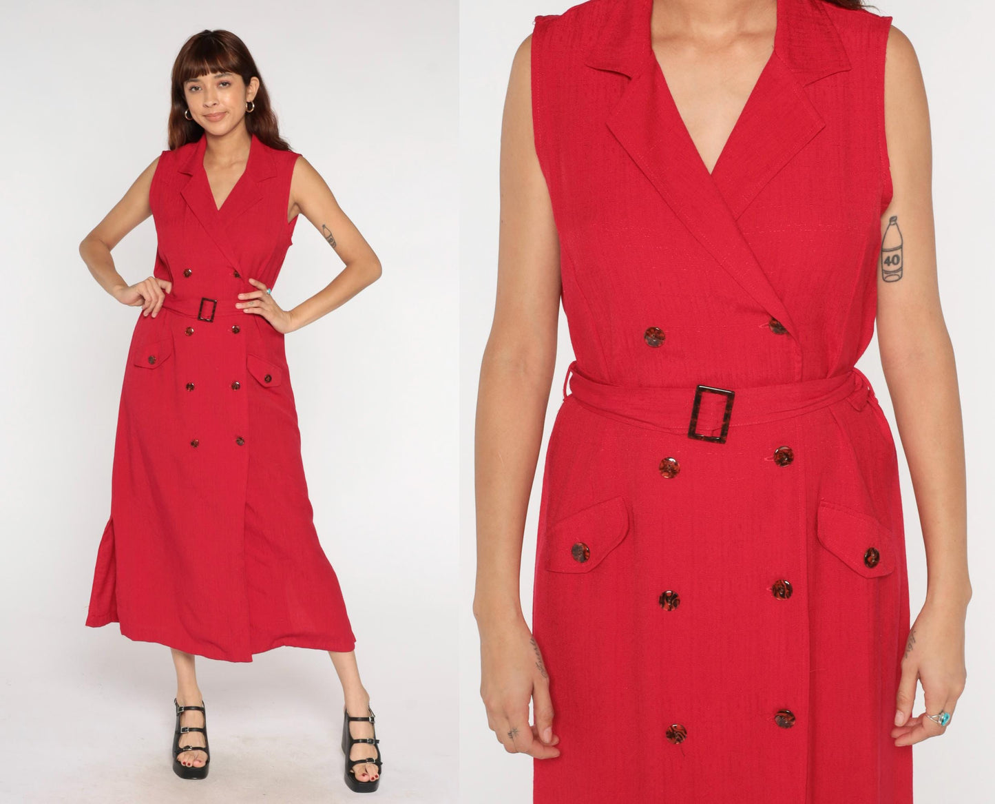 90s Sag Harbor Red Midi Dress Sleeveless Button Front Belted Notched Collar Large