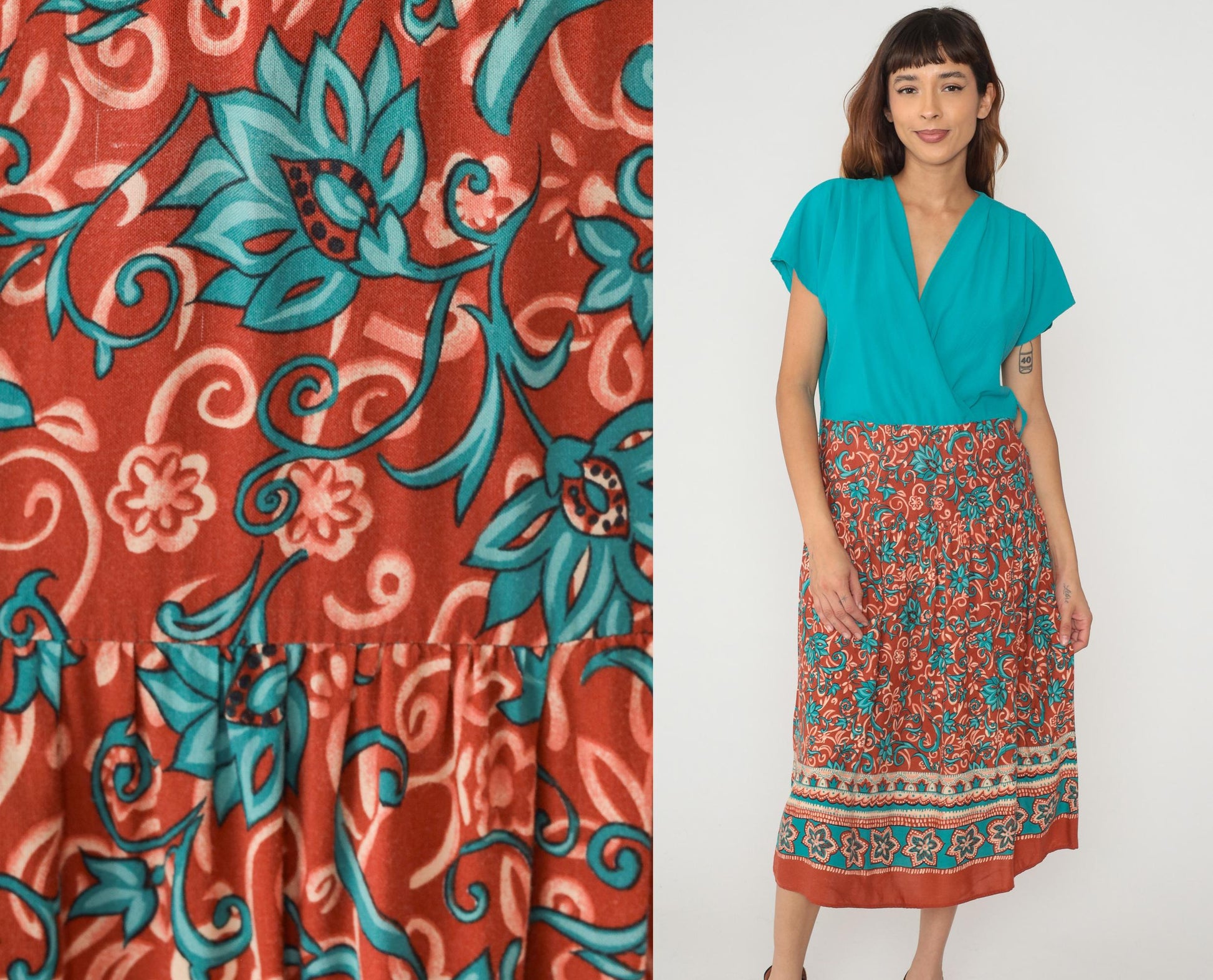 90s Caroline Wells Turquoise Floral Rayon Maxi Dress Short Sleeve Medium