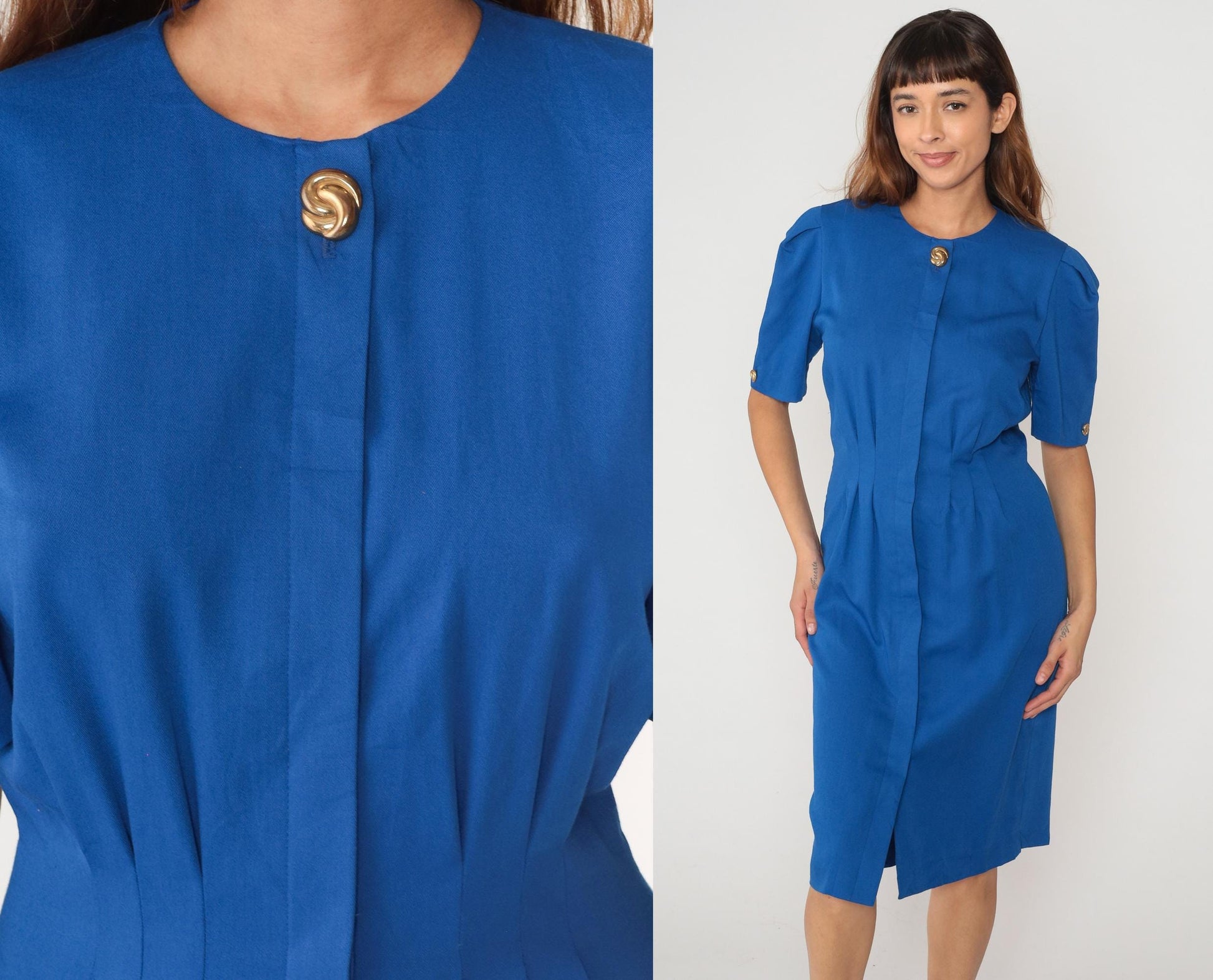 90s Royal Blue Secretary Dress Puff Sleeve Fitted Waist Knee-Length Medium