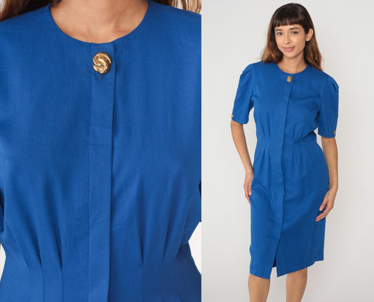 90s Royal Blue Secretary Dress Puff Sleeve Fitted Waist Knee-Length Medium