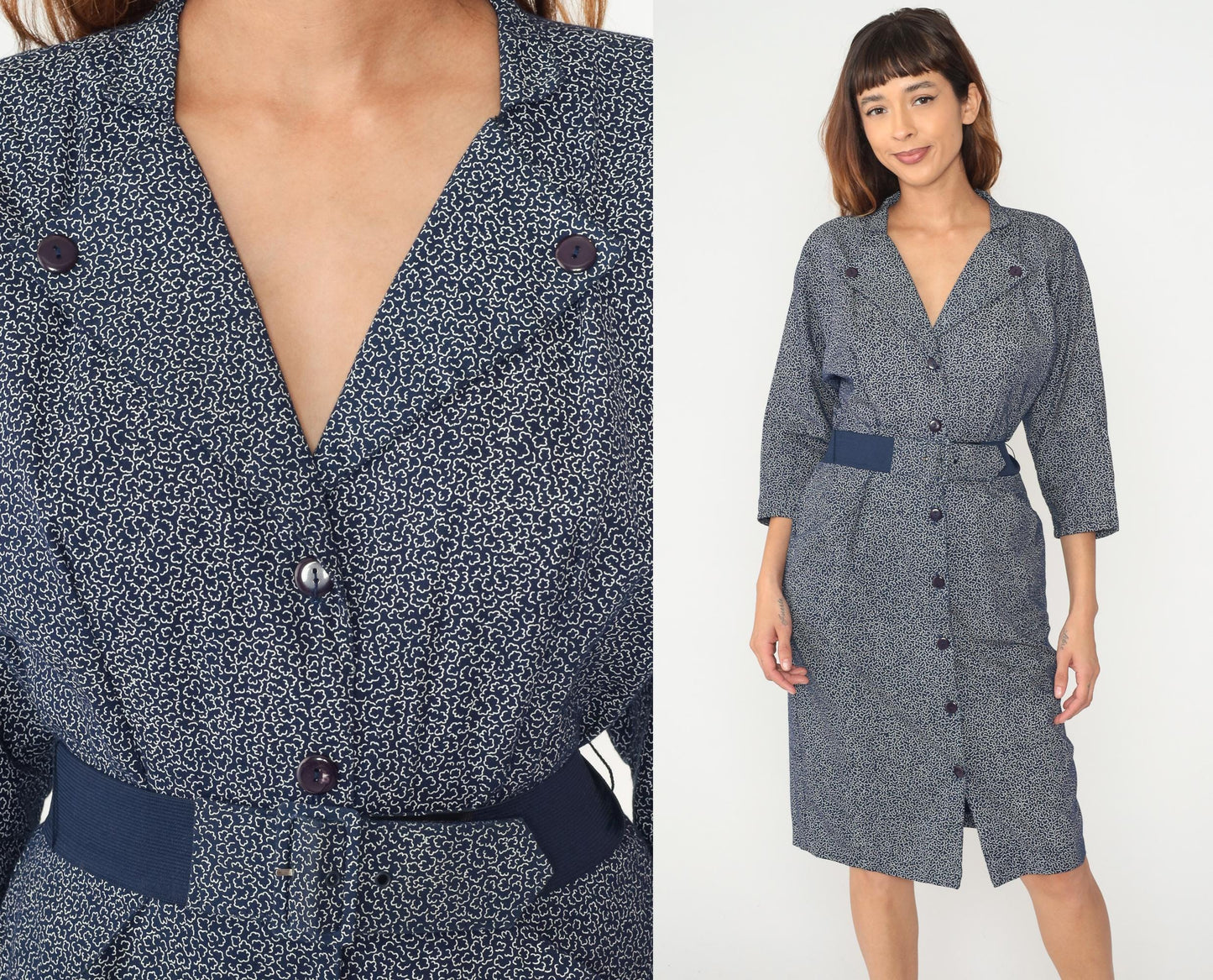 90s Wild Dress Navy Speckled Midi V-Neck Button Front Medium M