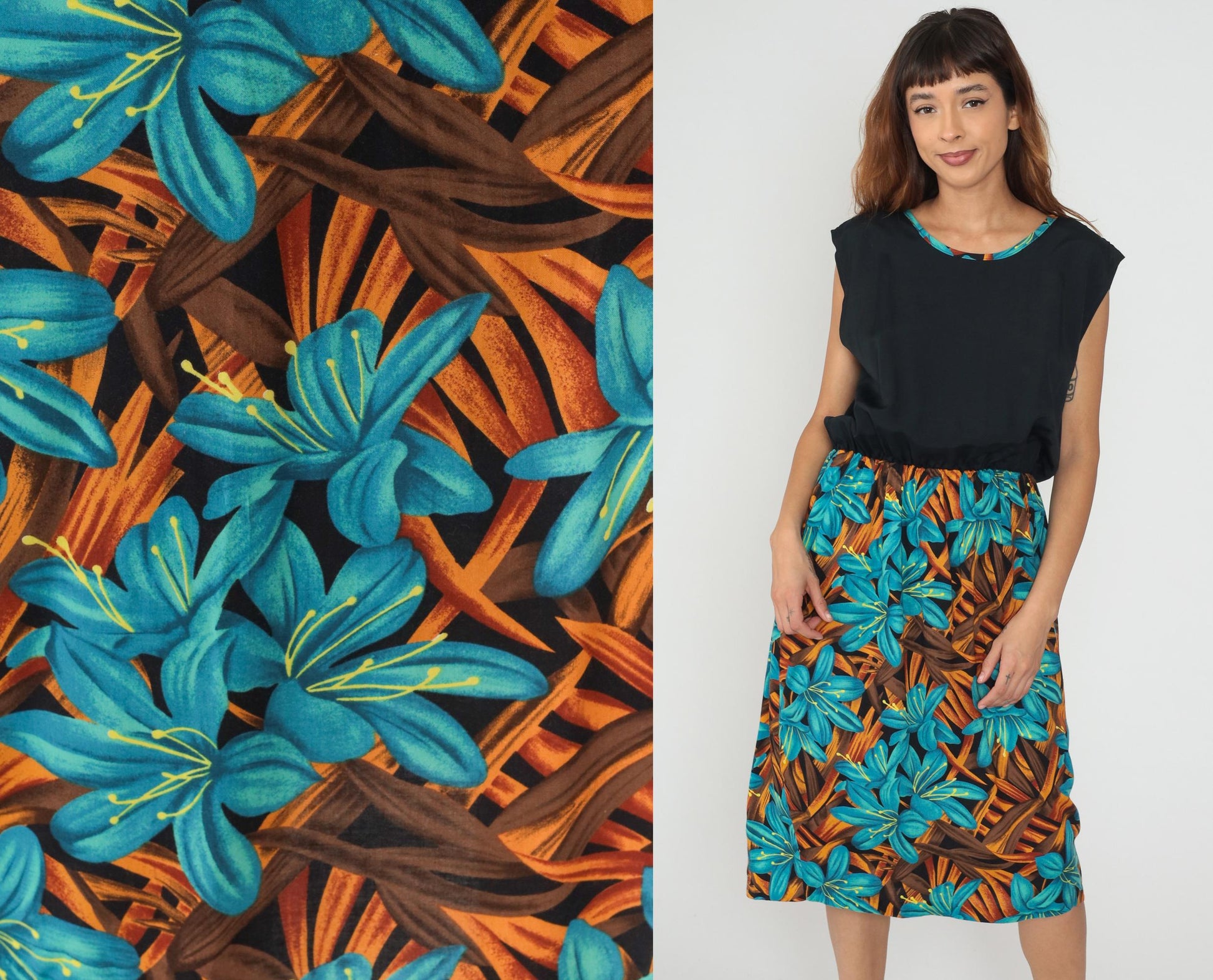 90s Tropical Floral Colorblock Sleeveless Dress Black Turquoise Large L