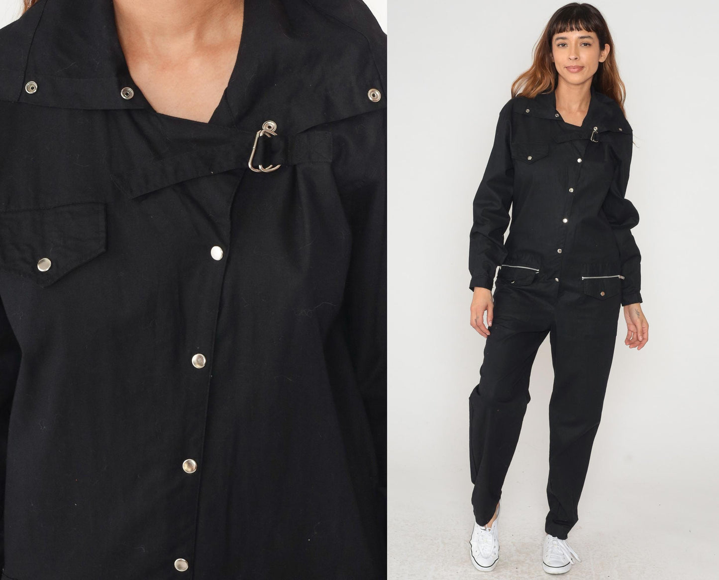 90s Nanci Jennifer Black Cotton Jumpsuit Utility Workwear Snap Medium