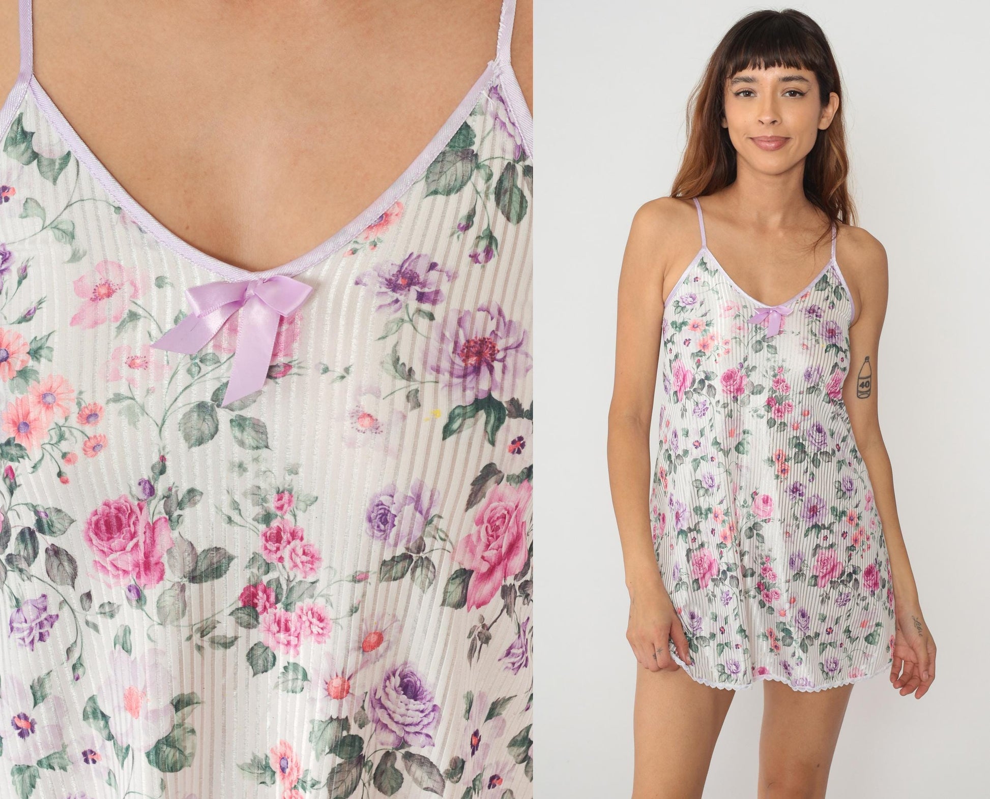 90s Floral Mini Slip Dress White Rose Print V-Neck Bow Camisole XXS
