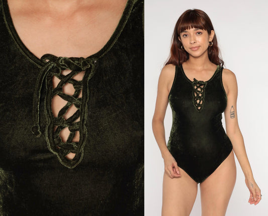Y2K Charlotte Russe Olive Velvet Bodysuit Lace-Up Racerback Medium