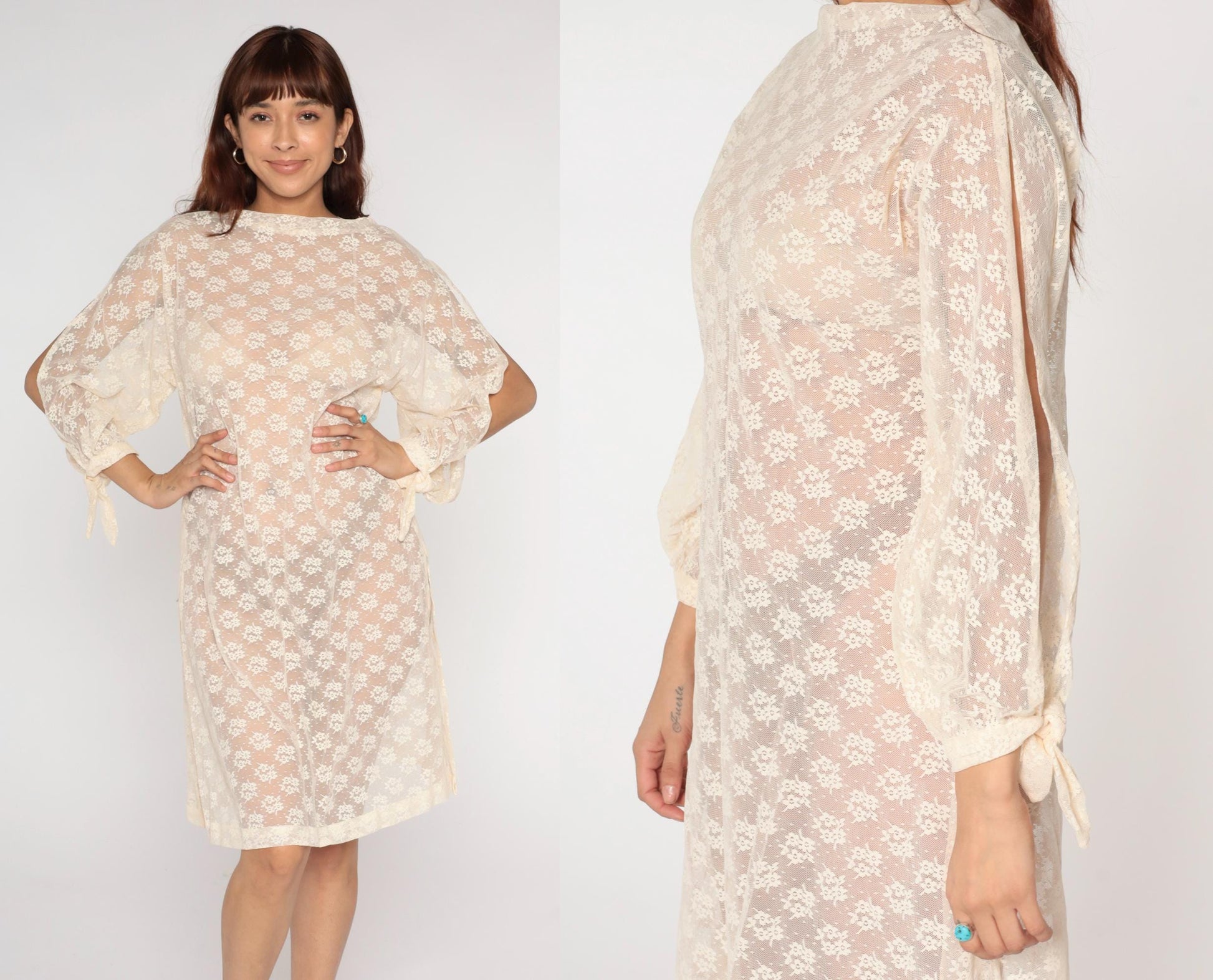 70s Cream Floral Lace Dress Knee Length Sheer Boat Neck Tie Cuff Small