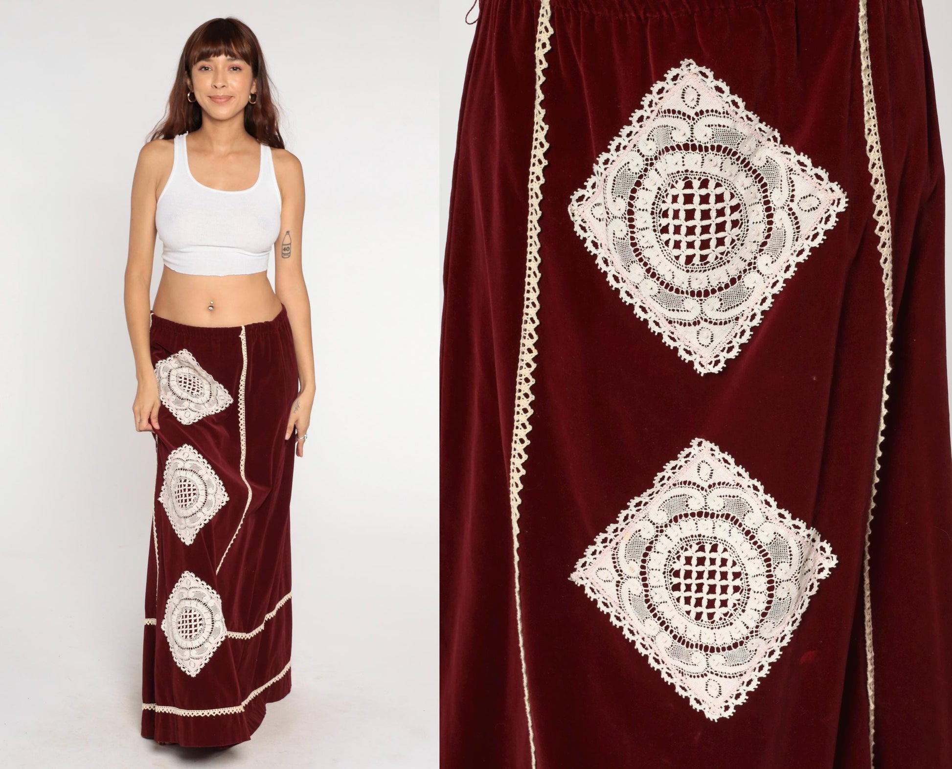 70s Belles of Ireland Burgundy Velvet Maxi Skirt Crochet Lace Trim Medium