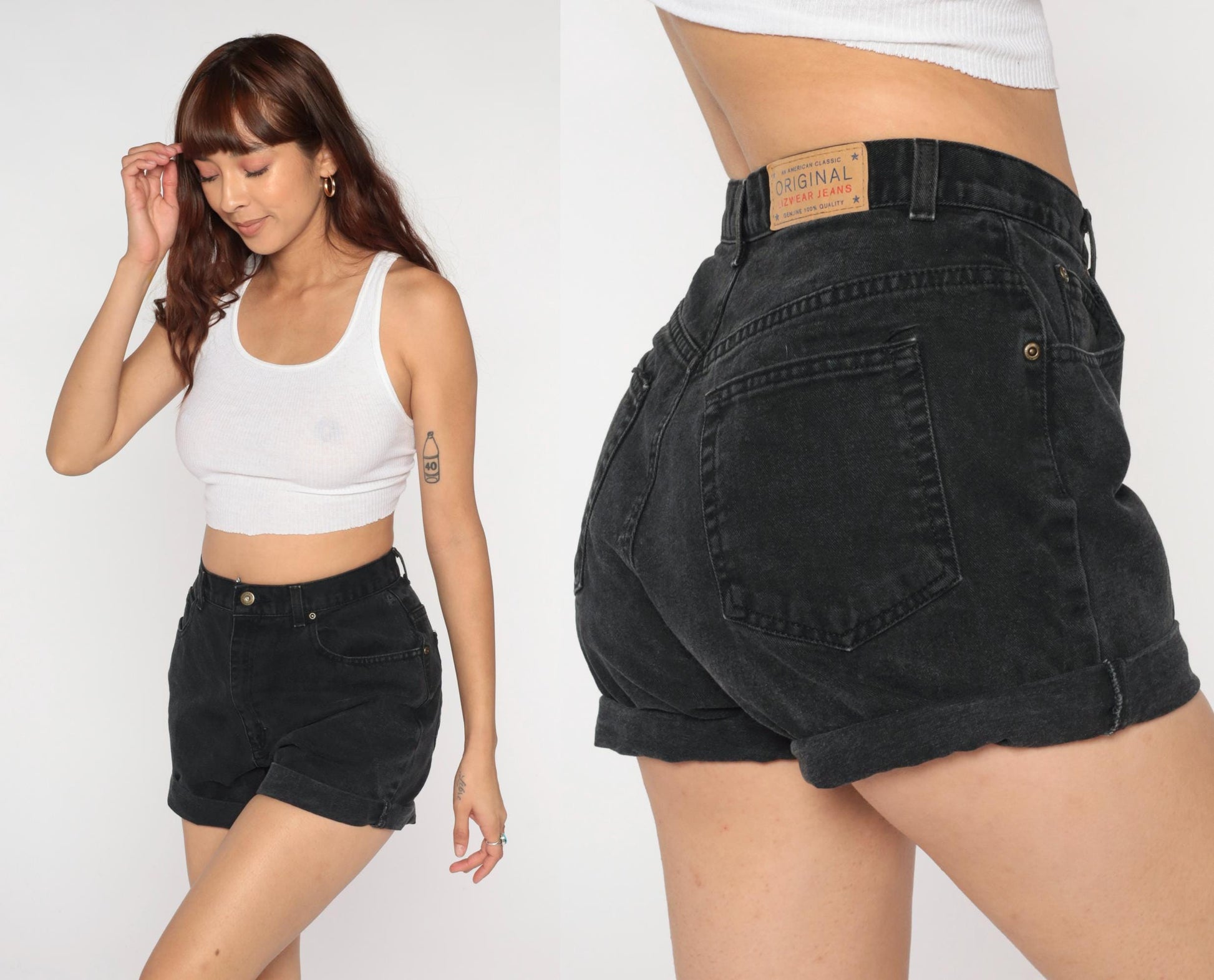 90s Liz Claiborne Black Denim Shorts High Waist Rolled Cuff Medium