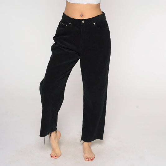 90s Calvin Klein Black Corduroy Pants Wide Leg Raw Hem Large L