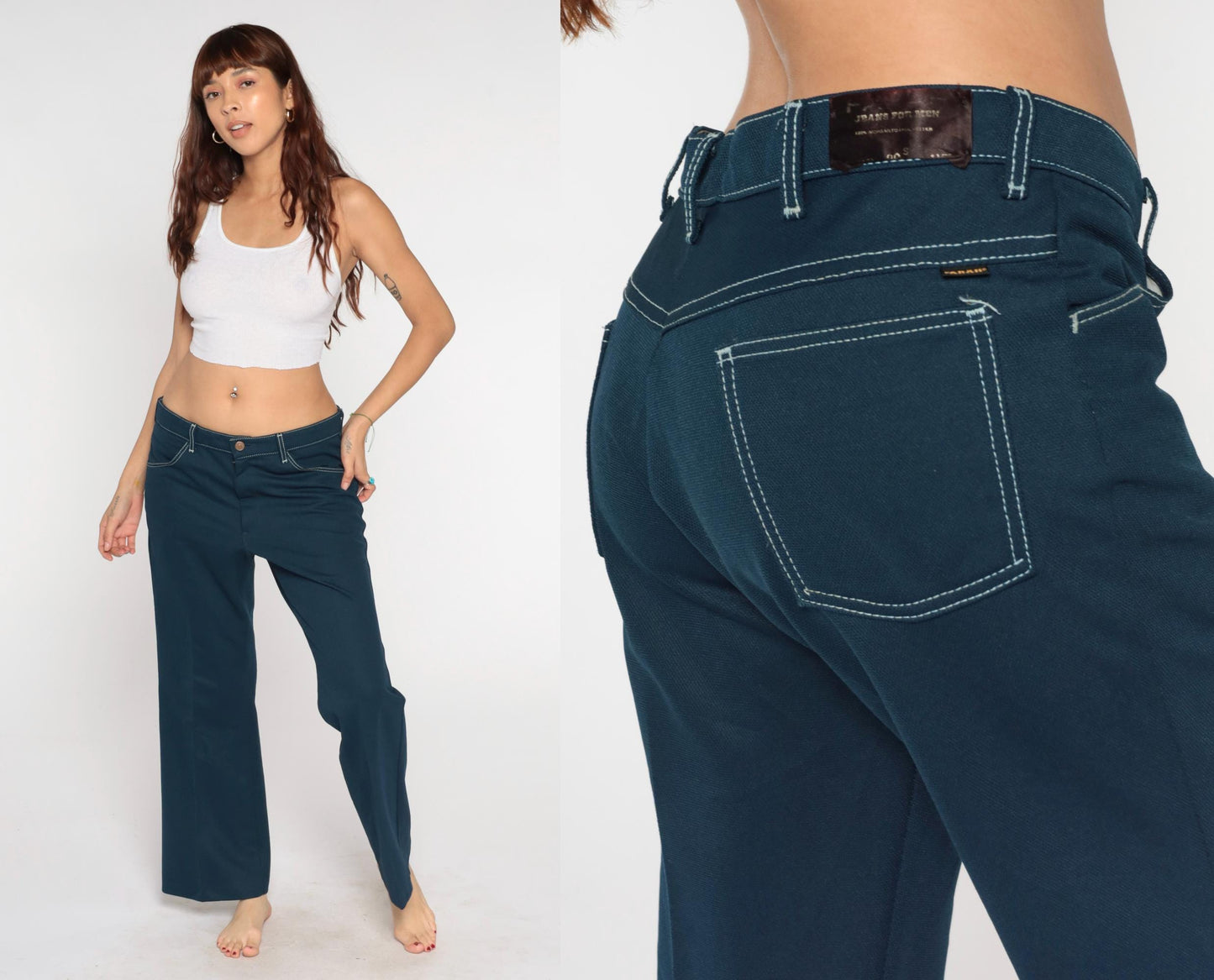 70s Farah Flared Pants Teal Blue White Stitching Low Rise Bell Bottom Large