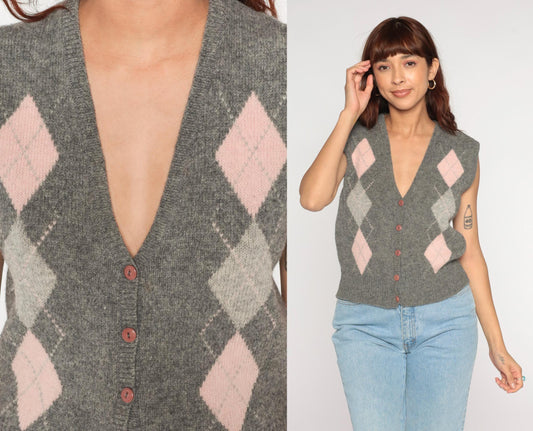 80s Casual Corner Argyle Wool Sweater Vest Grey Pink Cream Medium M