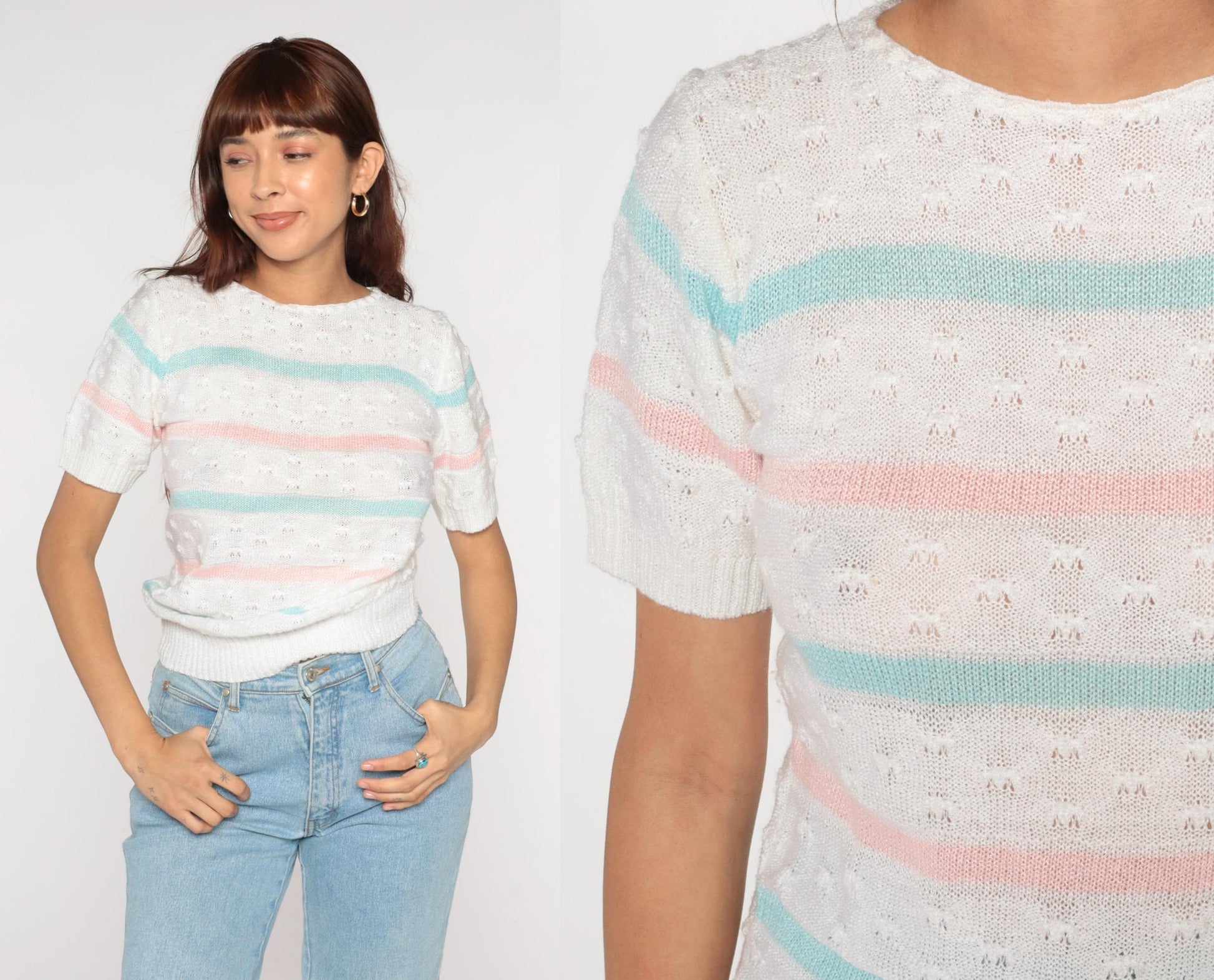 80s Billie Jo Striped Pointelle Knit Sweater Pink Blue Cream Small S