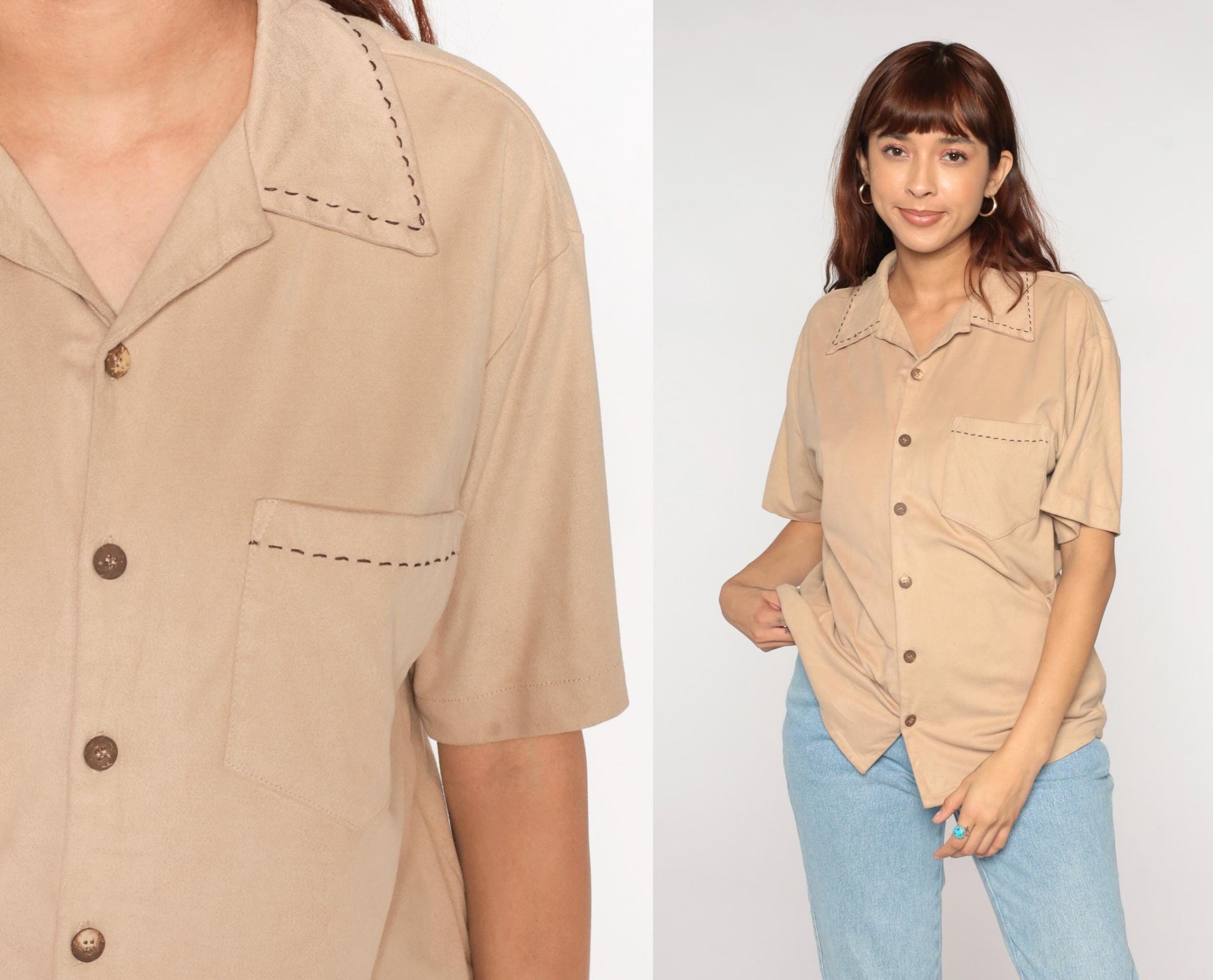 Y2K Positano Beige Camp Collar Shirt Short Sleeve Stitch Detail Small S