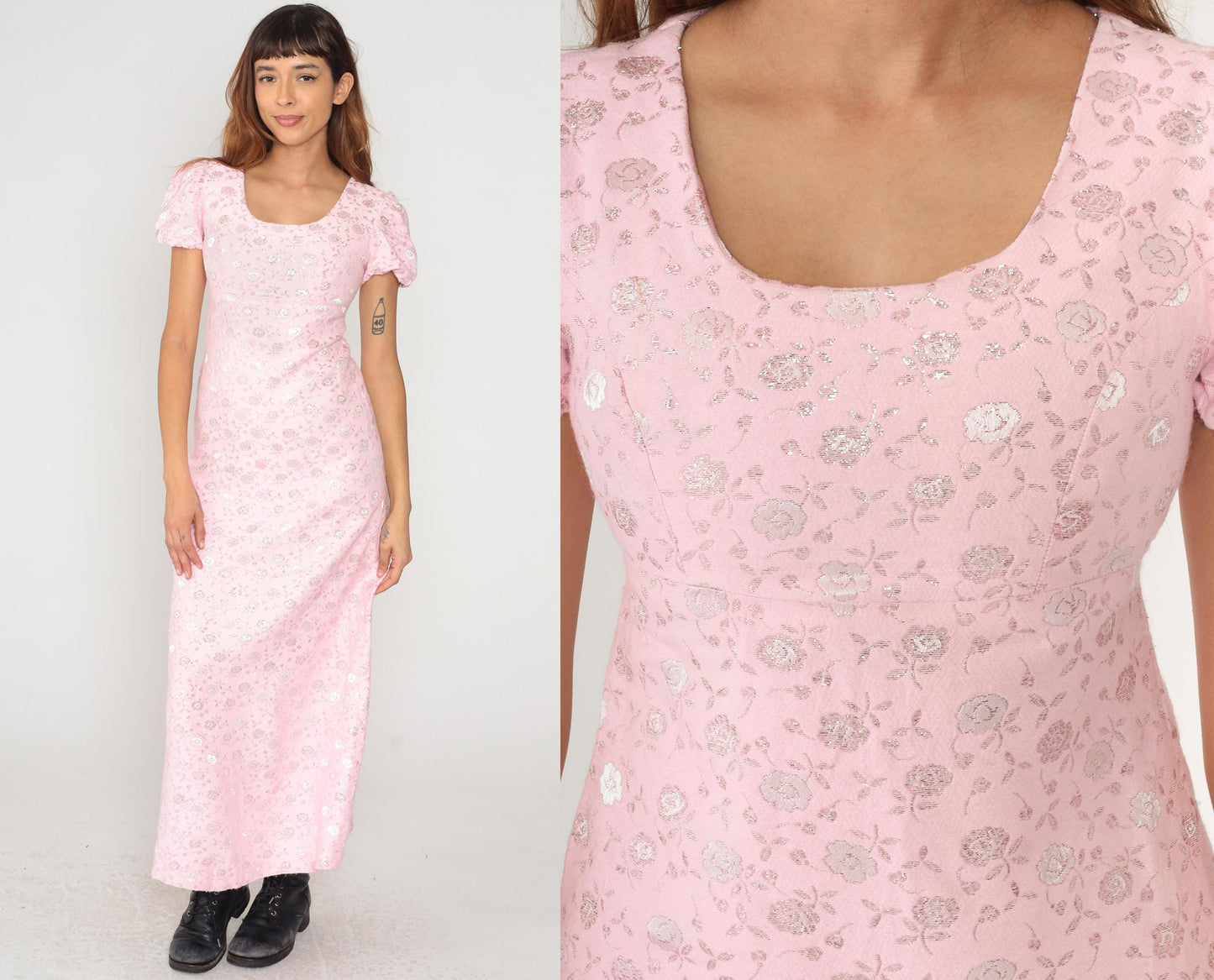 70s Pink Floral Maxi Dress Metallic Jacquard Puff Sleeve Small