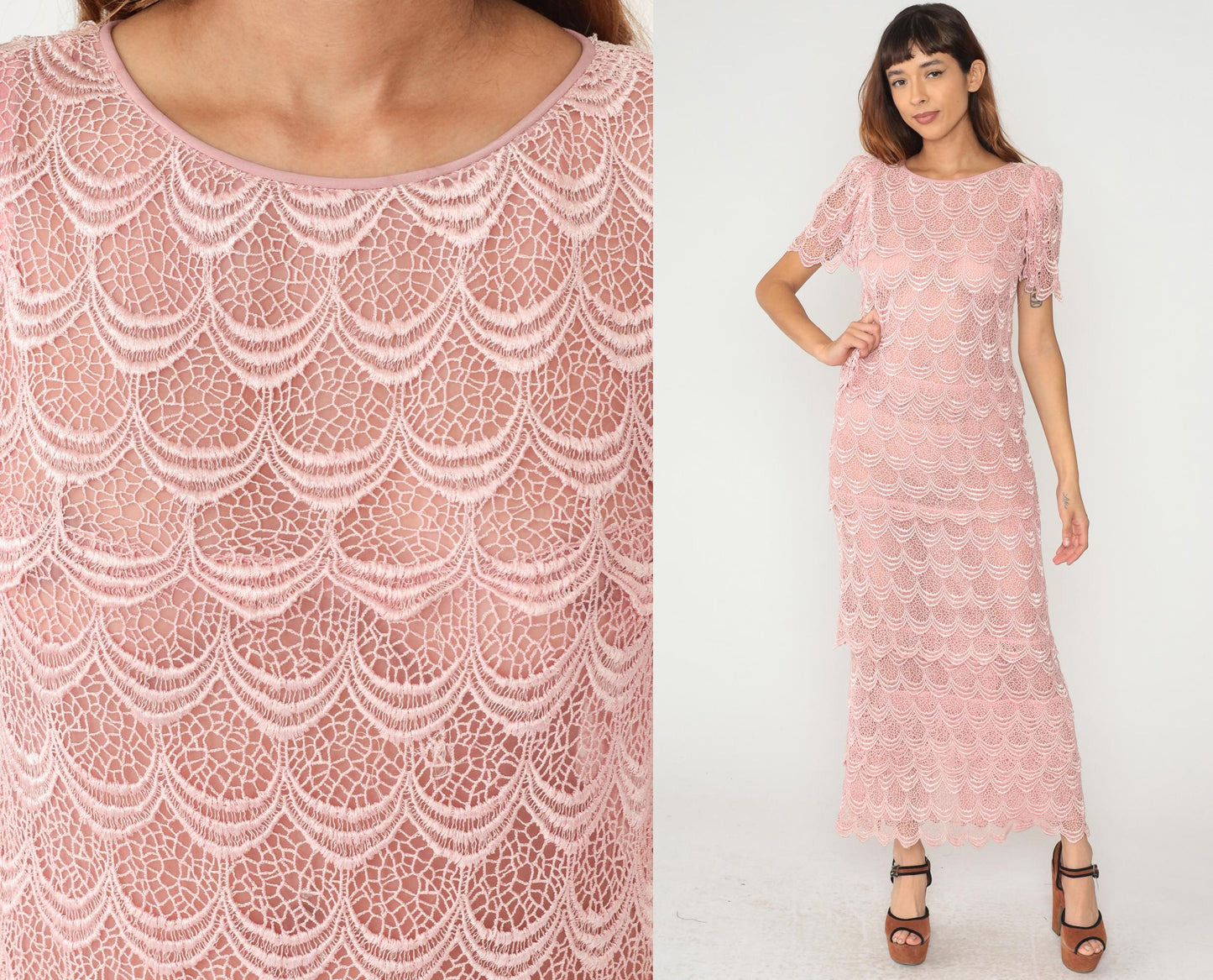 80s Martinique Pink Lace Maxi Dress Scalloped Short Sleeve Small