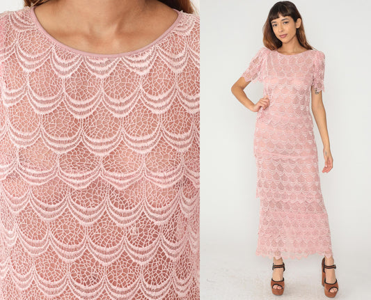 80s Martinique Pink Lace Maxi Dress Scalloped Short Sleeve Small