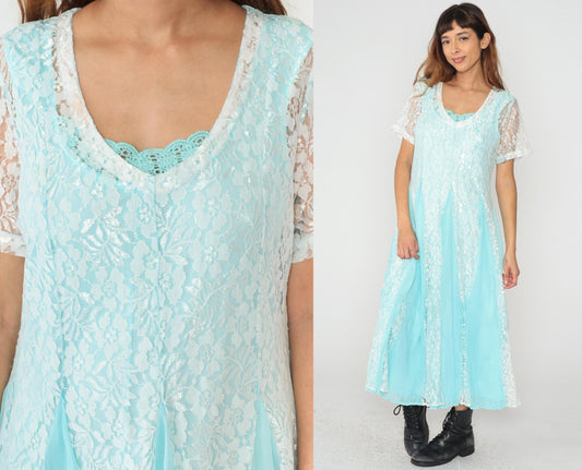 90s Vicki Wayne Aqua Lace Maxi Dress White Crochet Trim V-Neck Large L