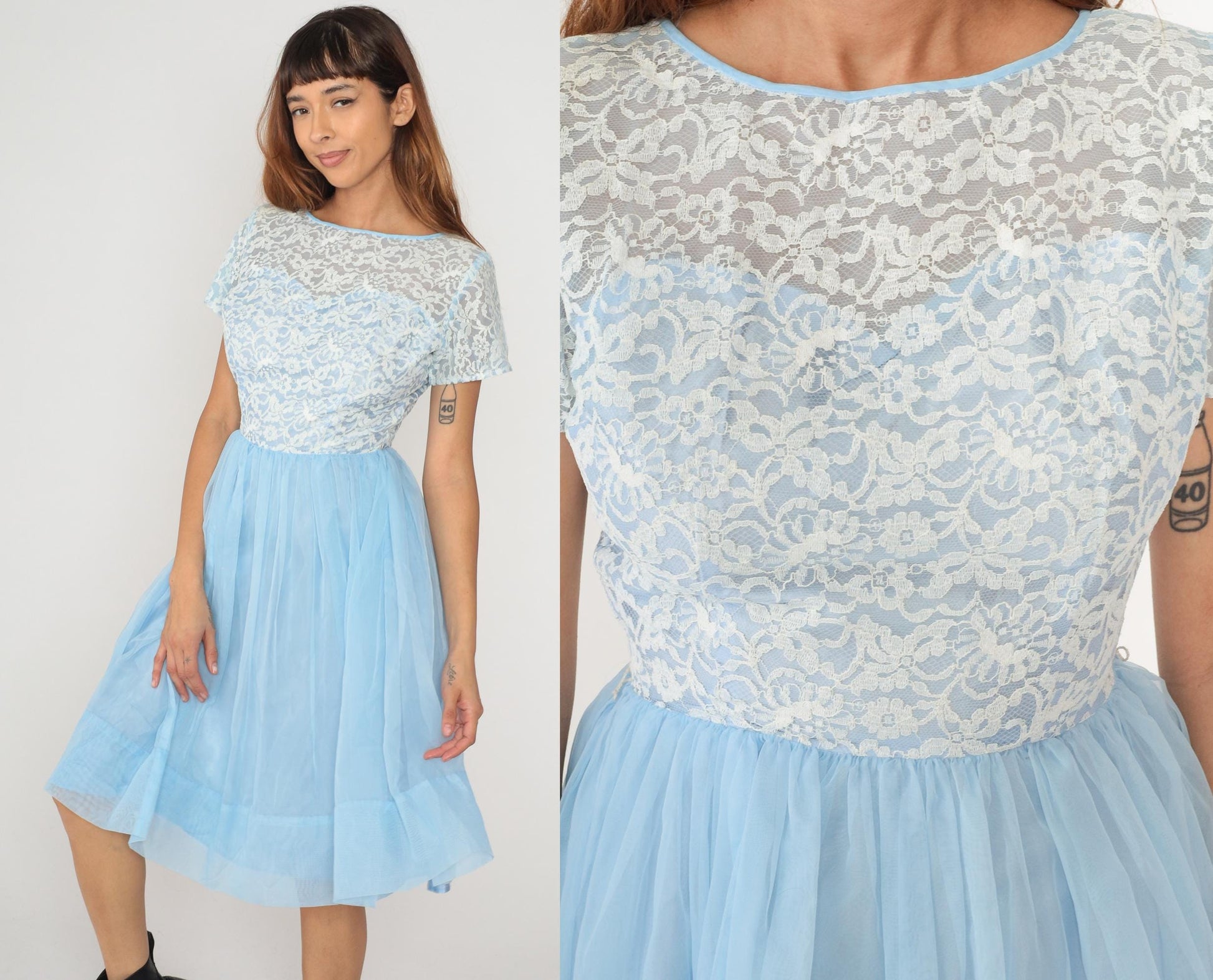 60s Light Blue Floral Lace Party Dress White Overlay Chiffon Skirt Small