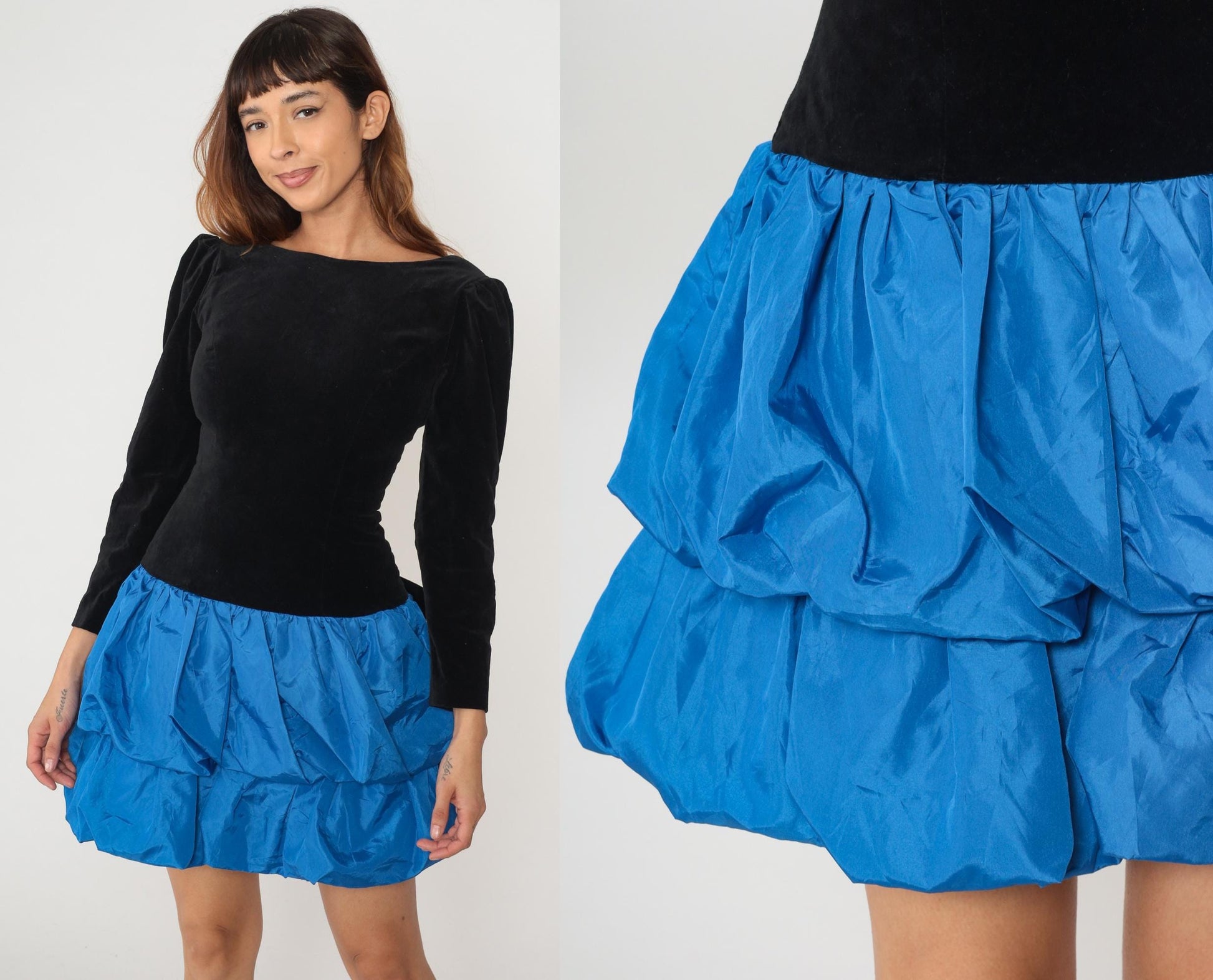 80s Black Velvet Blue Ruffle Puff Sleeve Backless Dress Small